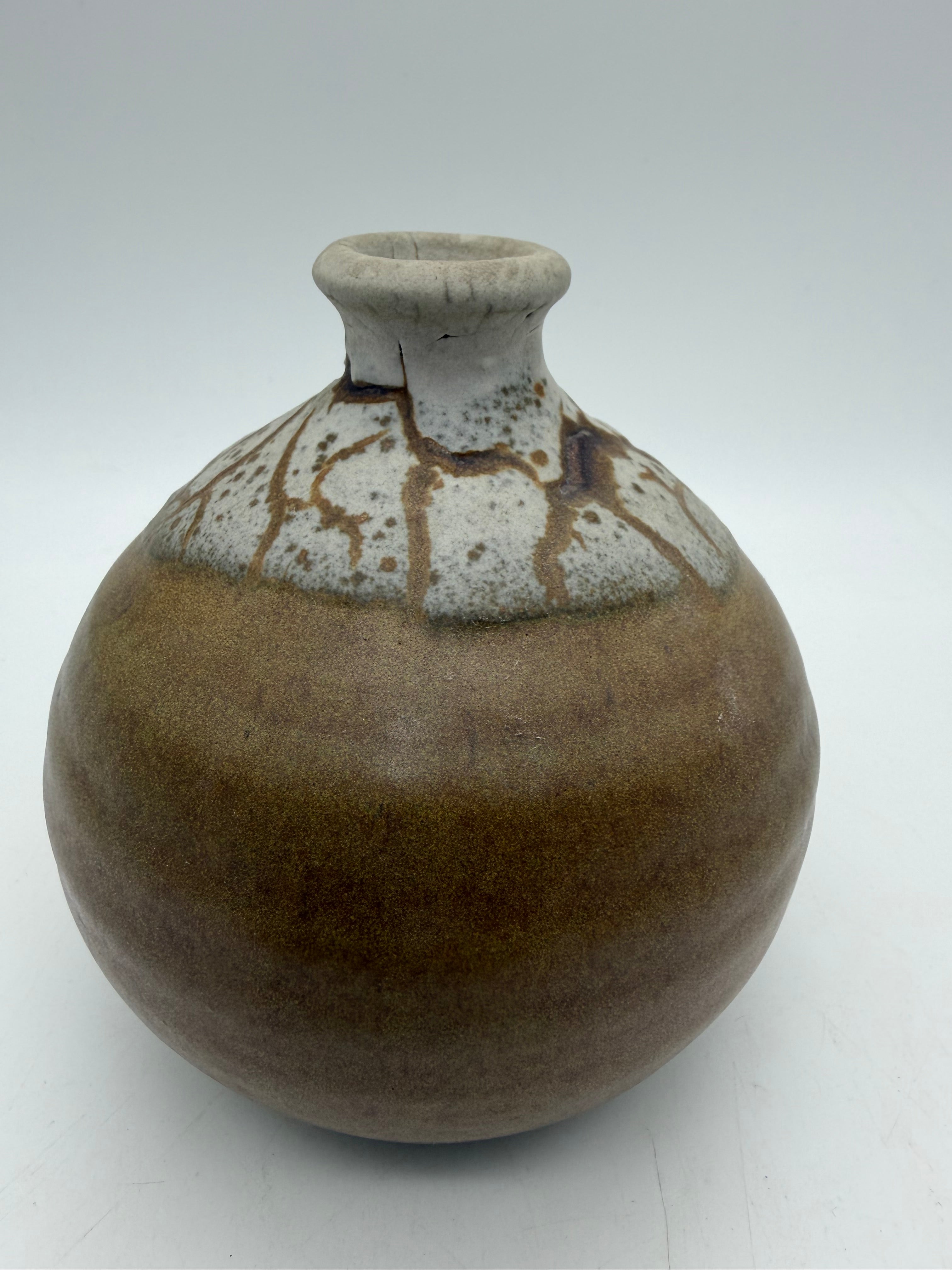 5” bulbous weed pot cracked glaze brown