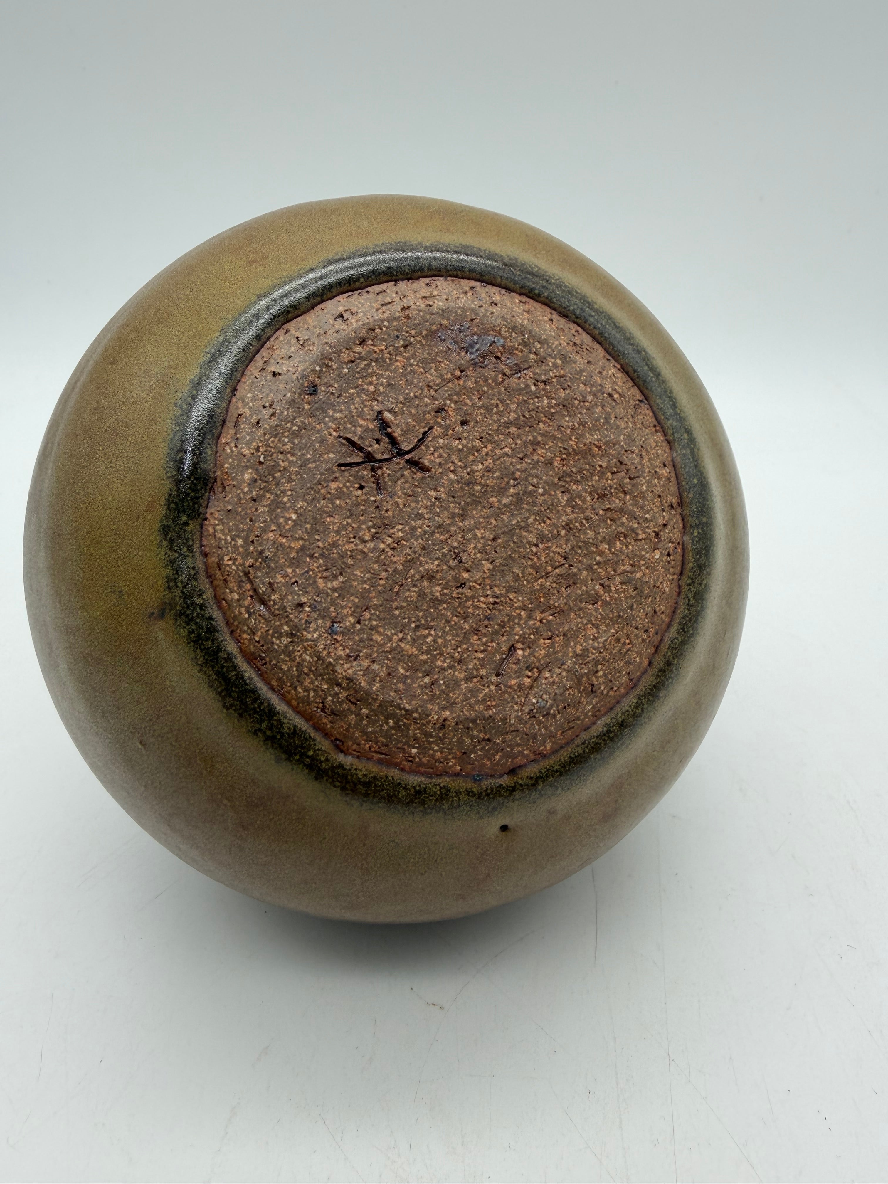 5” bulbous weed pot cracked glaze brown