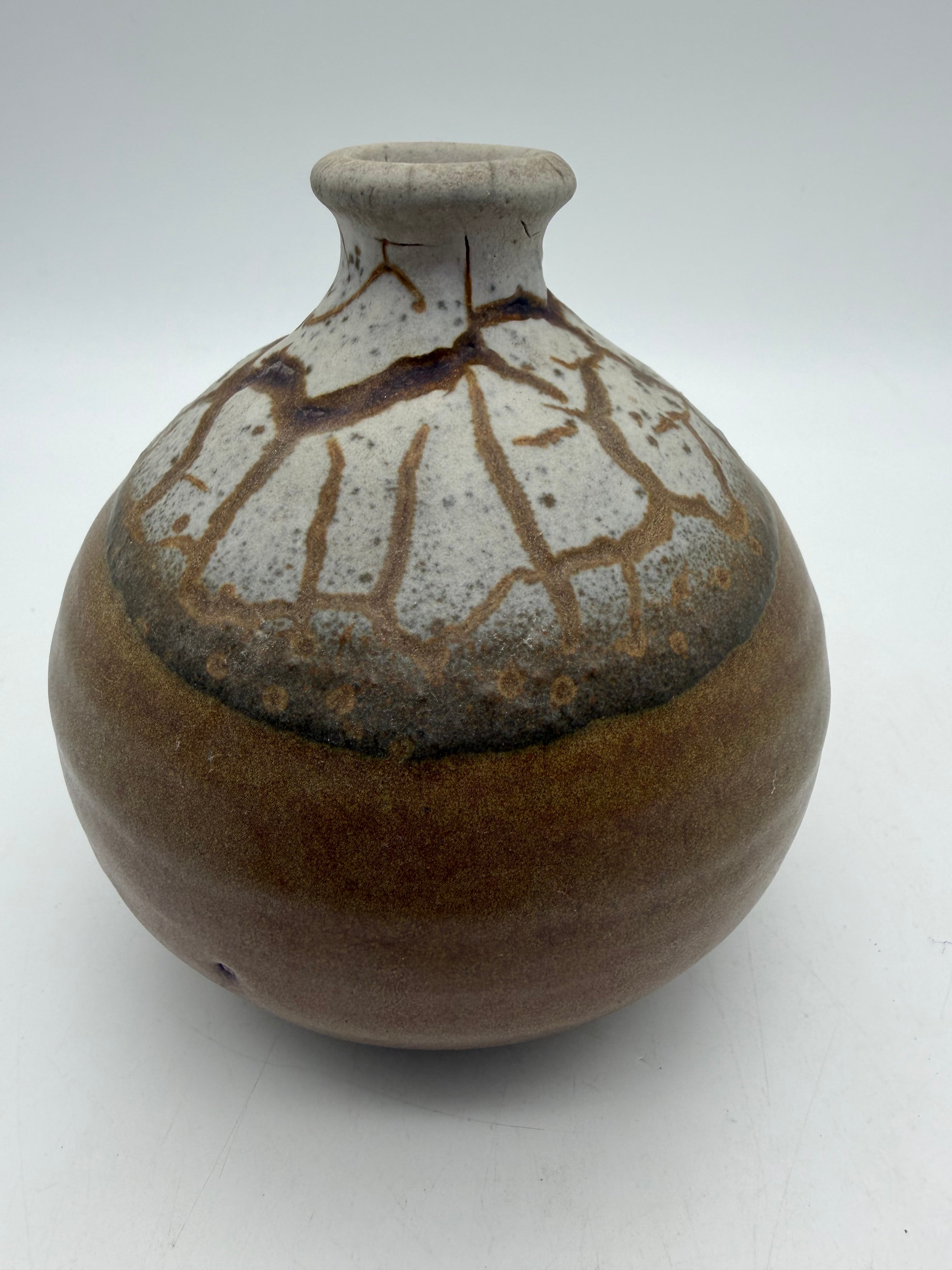 5” bulbous weed pot cracked glaze brown