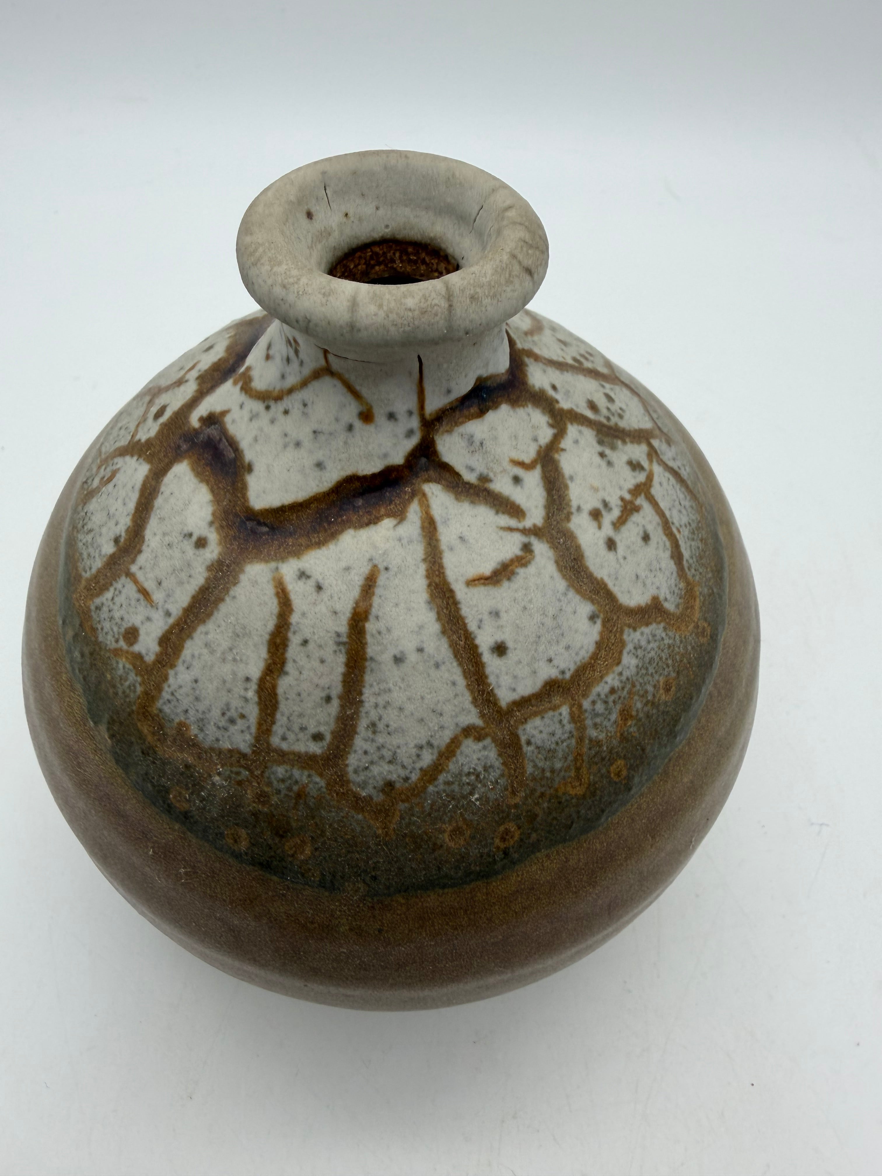 5” bulbous weed pot cracked glaze brown