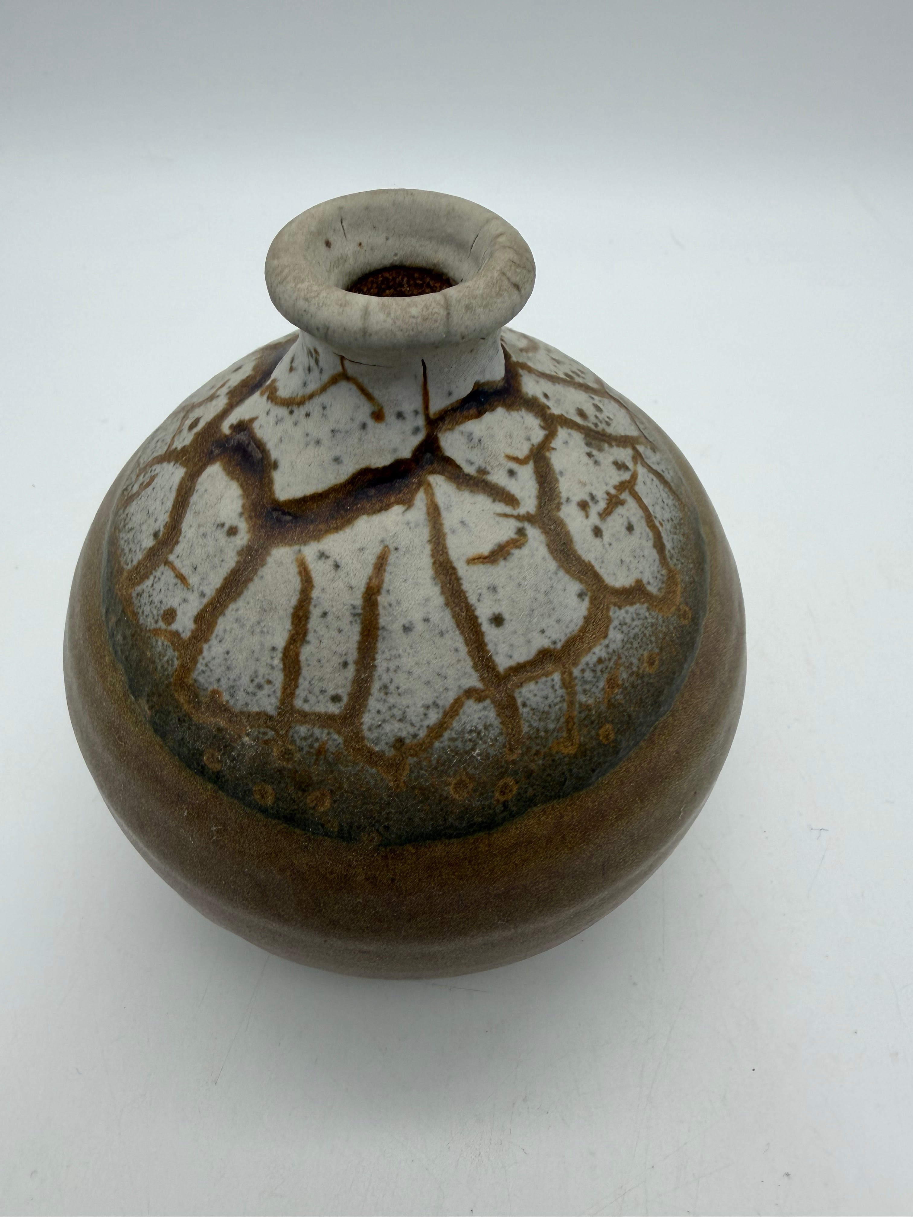 5” bulbous weed pot cracked glaze brown
