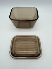 4” Pyrex amber brown 501 B covered dish