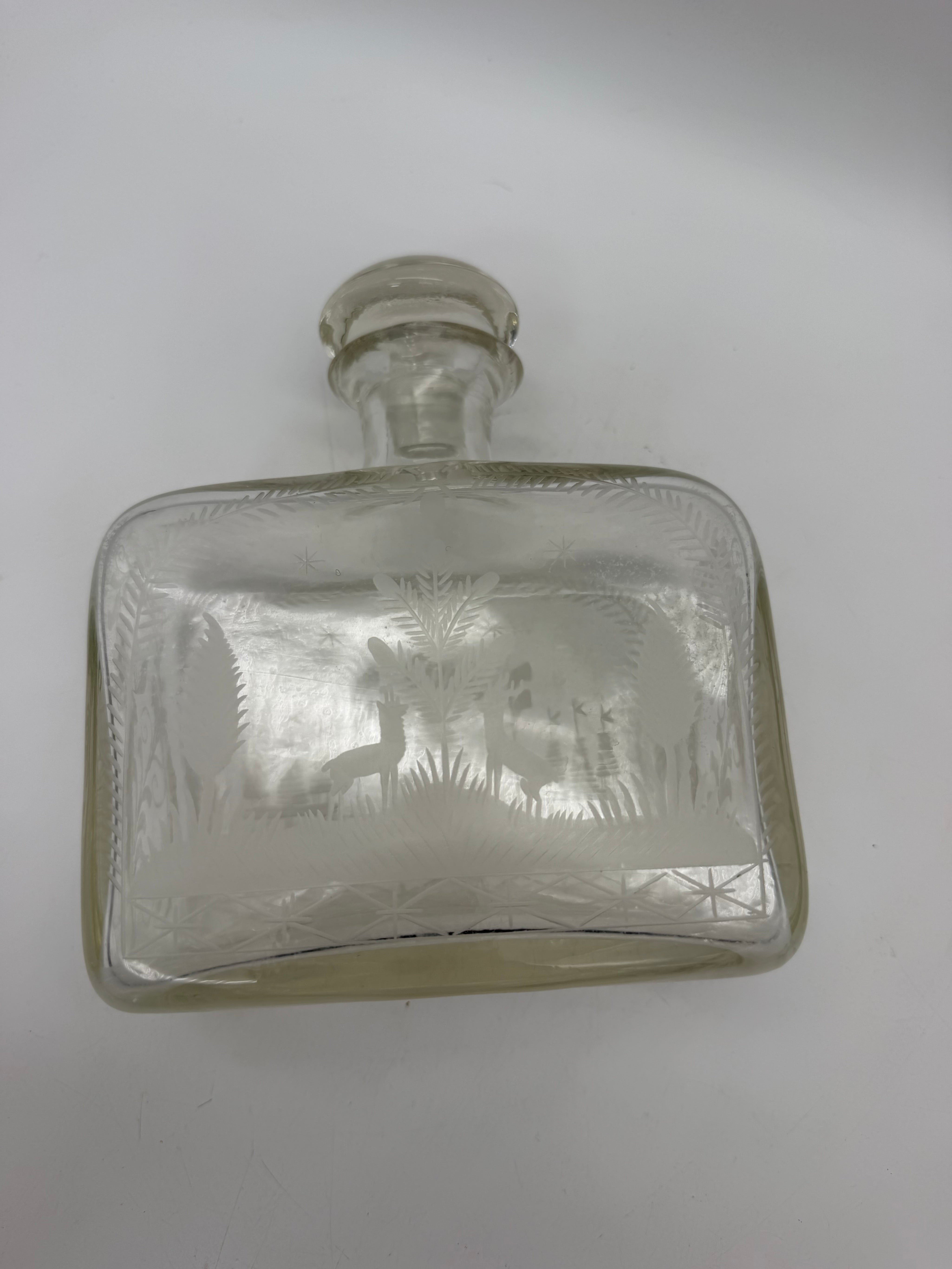 6” Etched blown glass decanter deer