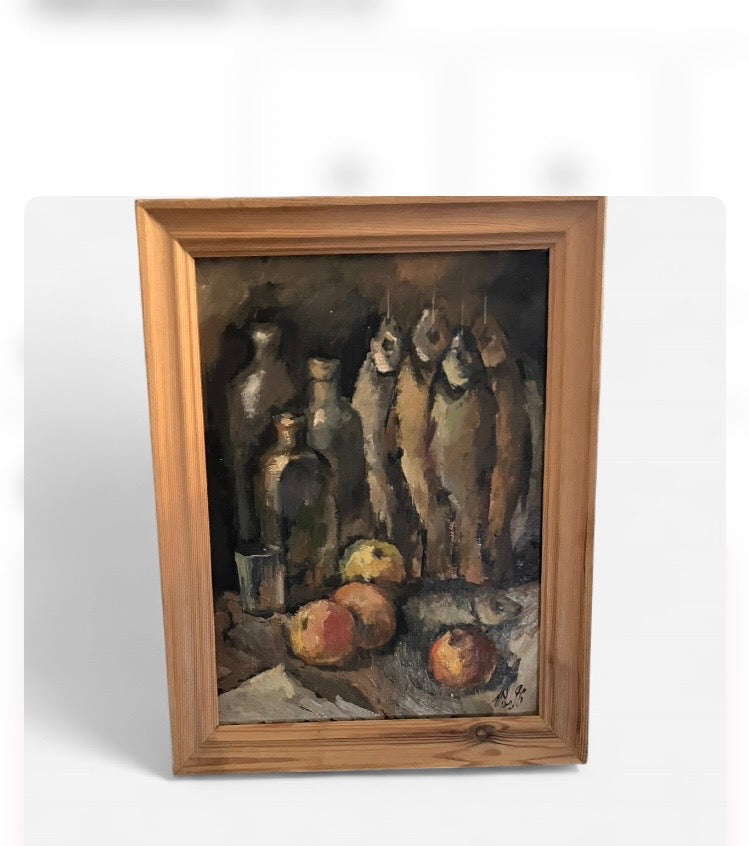 Still Life Vintage Ukrainian  Painting .  Fish & Fruit
