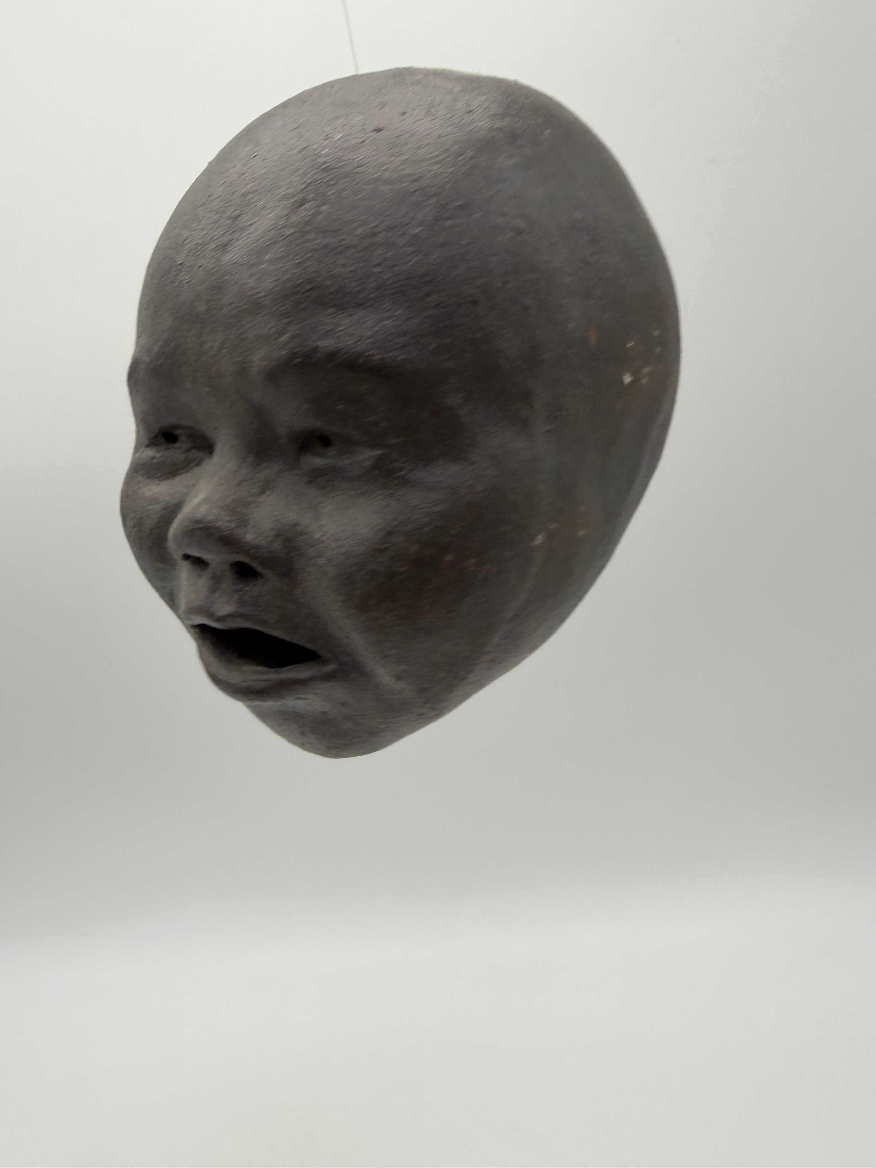 5” studio pottery hanging doll head dark brown