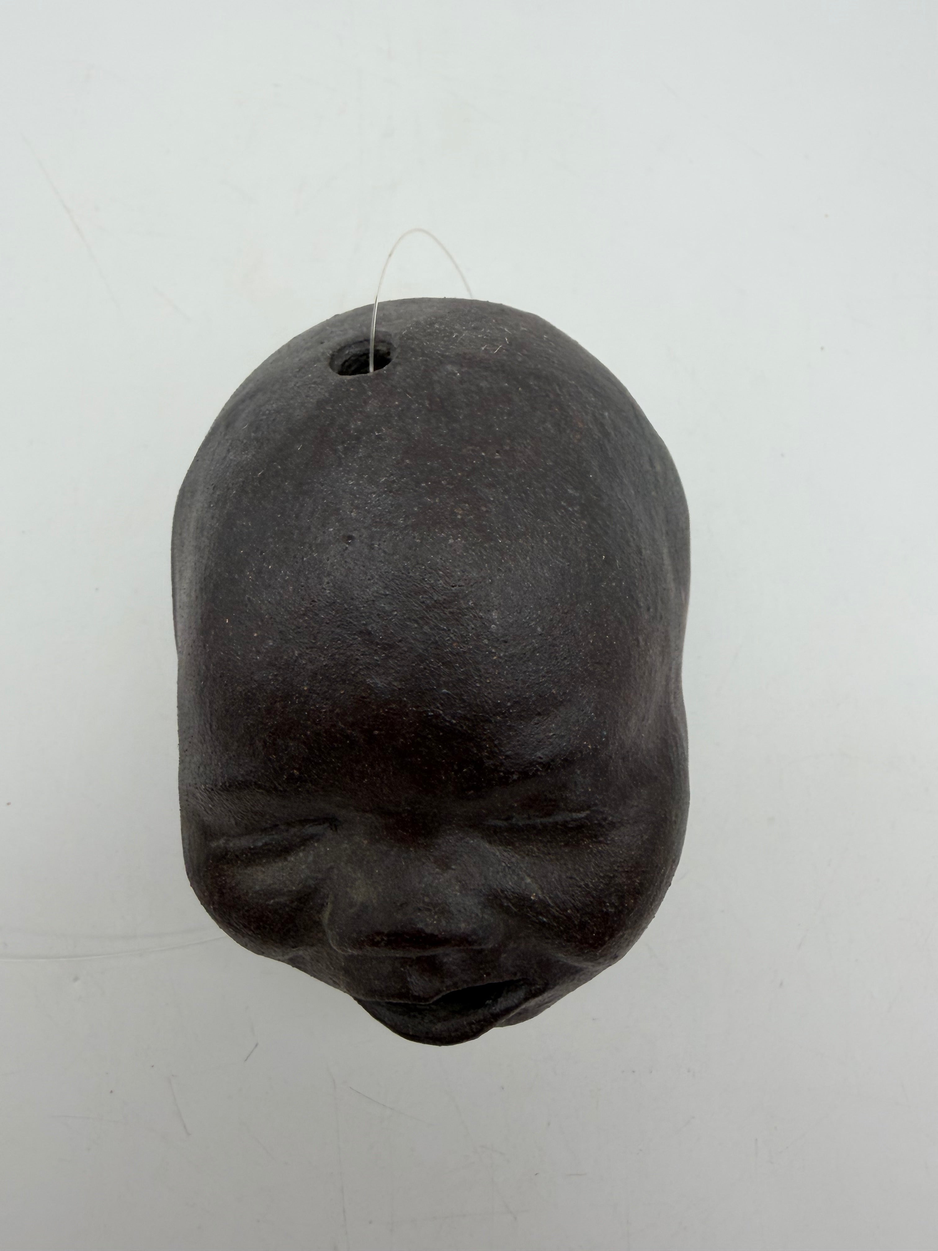 5” studio pottery hanging doll head dark brown