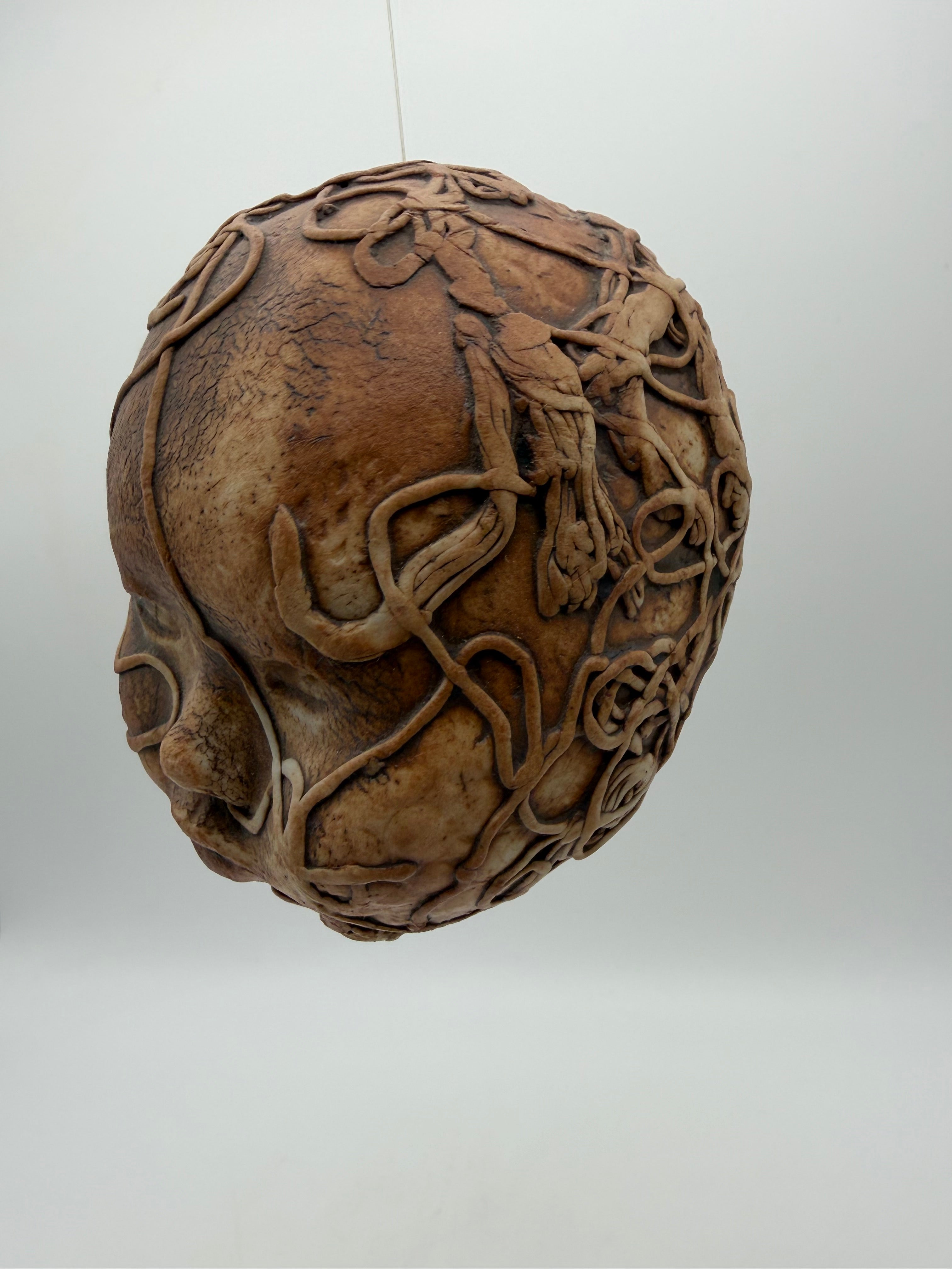 5” studio pottery doll head squiggle design hanging