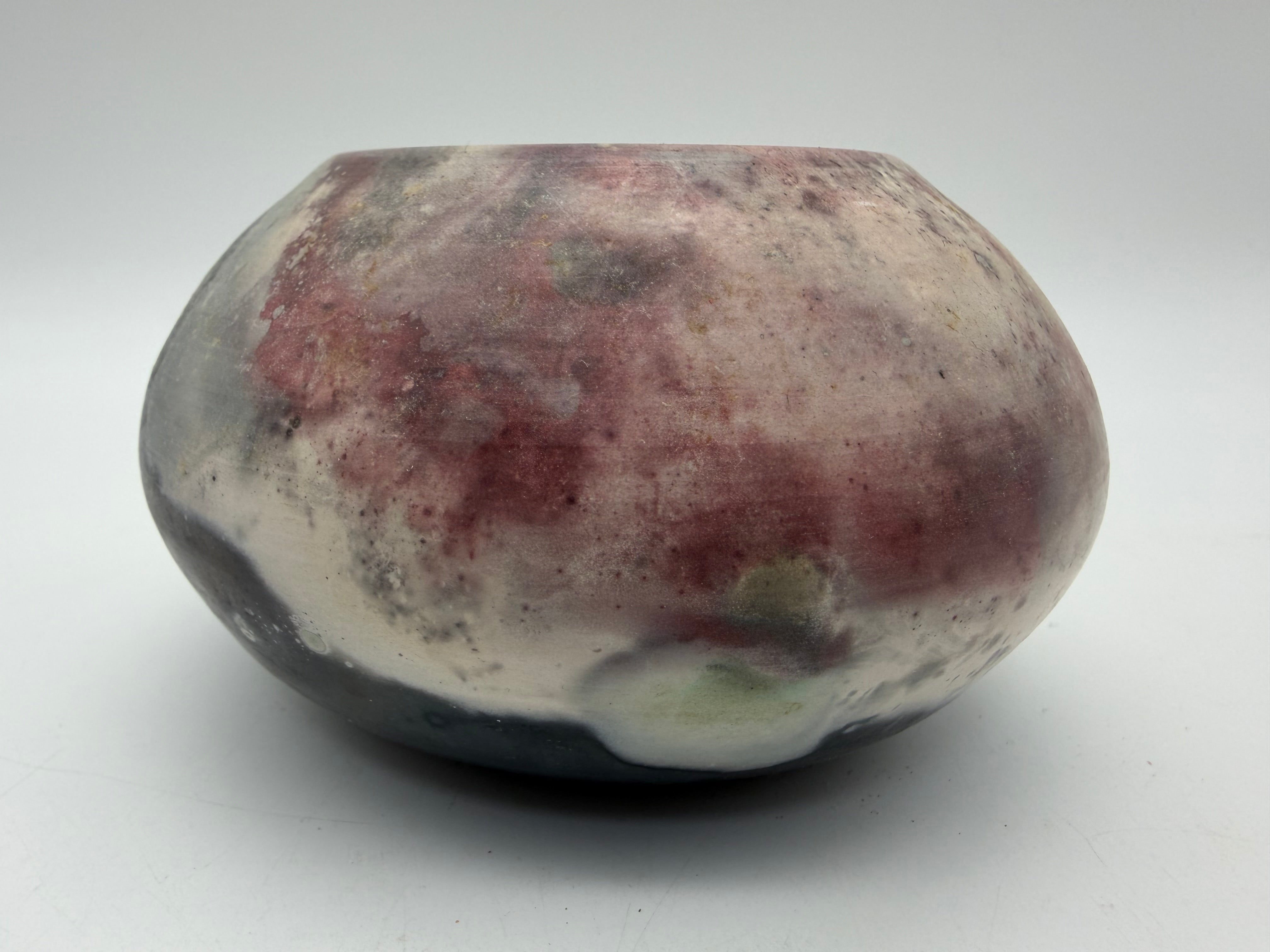 5” raku pottery bowl Holmes ‘88 pink grey
