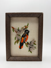 8” Embroidered Bird black orange wood framed