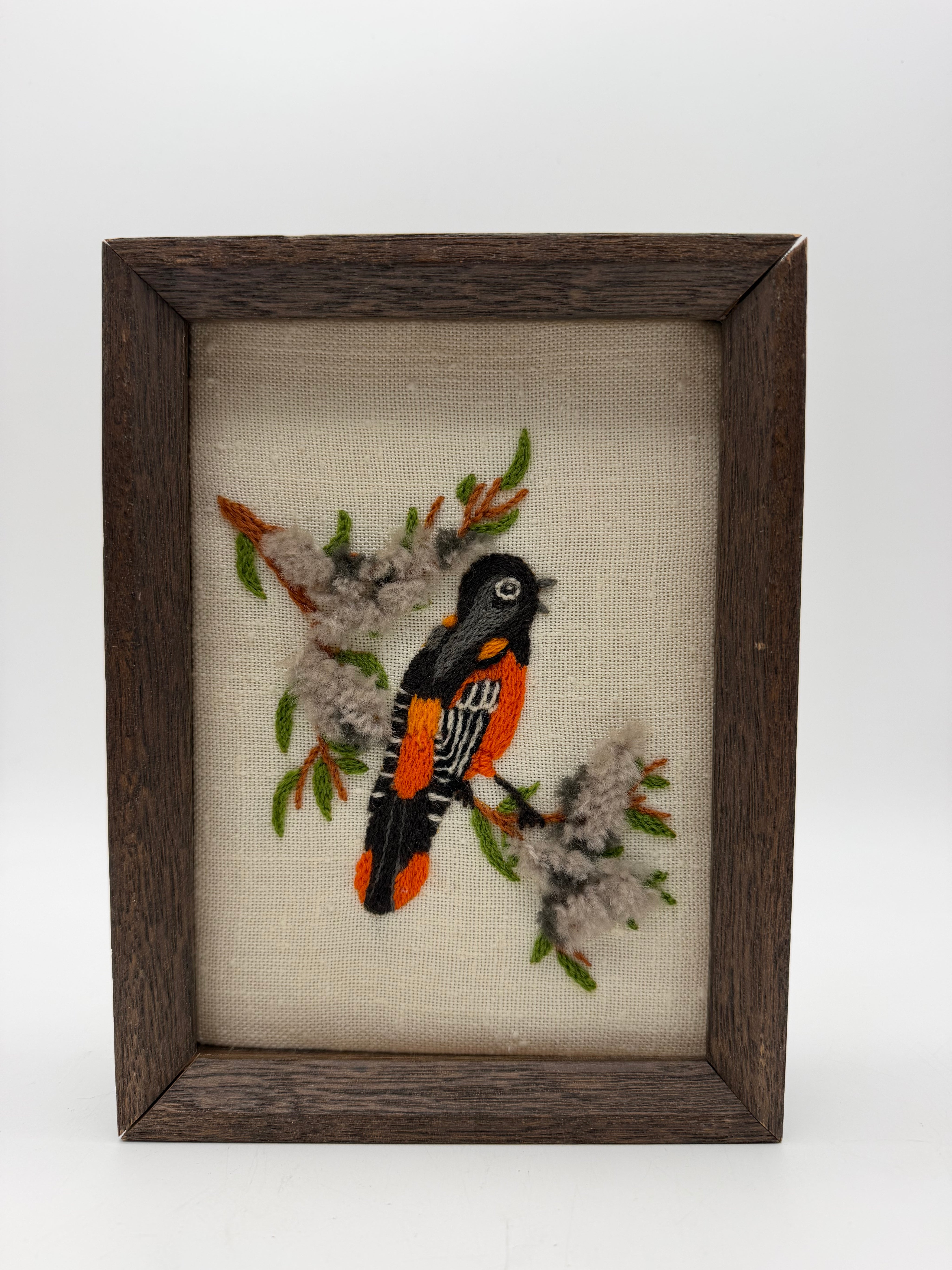 8” Embroidered Bird black orange wood framed