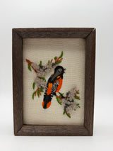 8” Embroidered Bird black orange wood framed