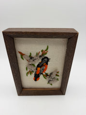 8” Embroidered Bird black orange wood framed