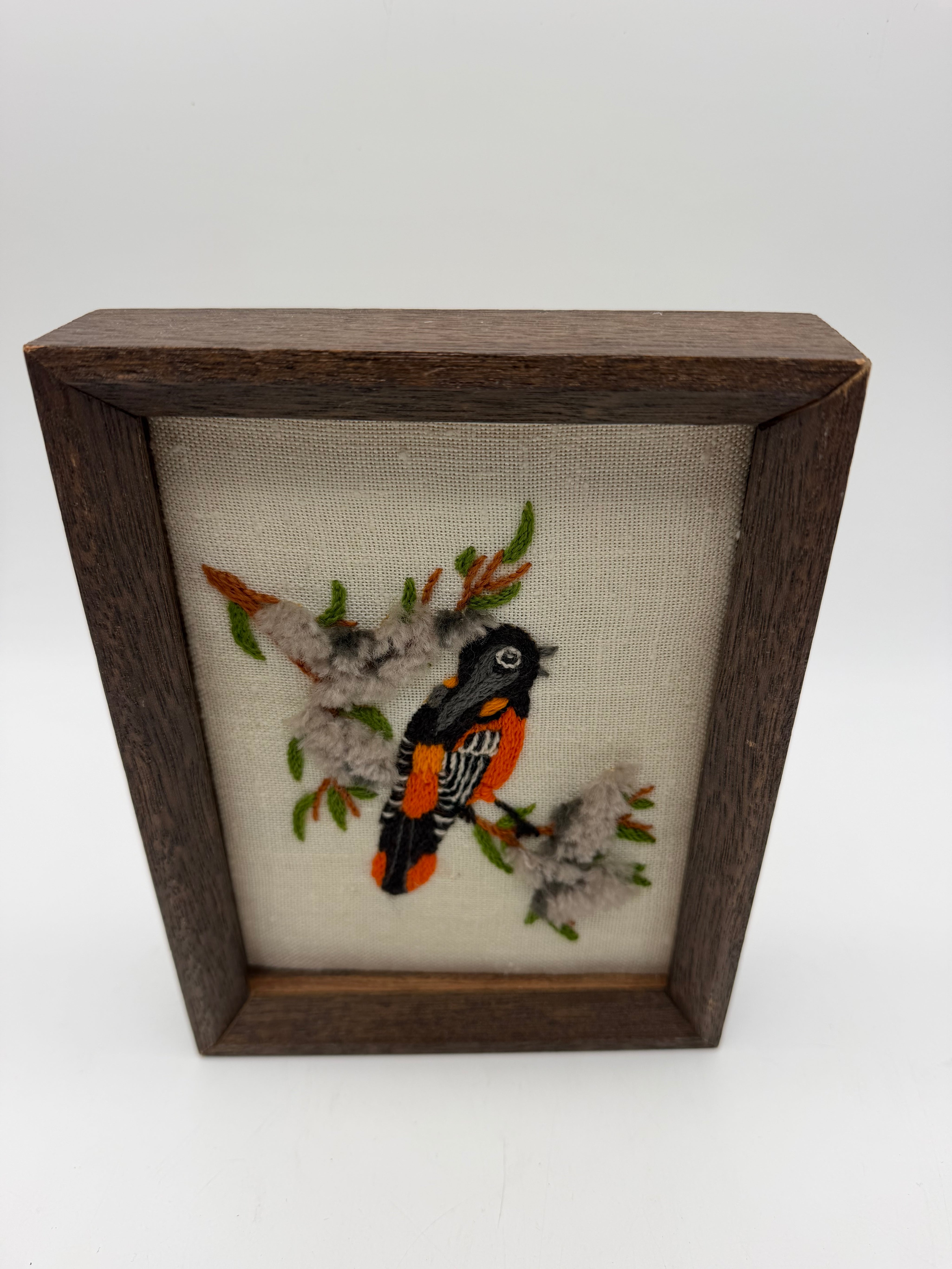 8” Embroidered Bird black orange wood framed