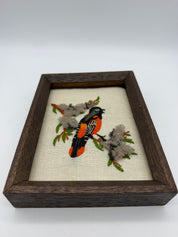 8” Embroidered Bird black orange wood framed