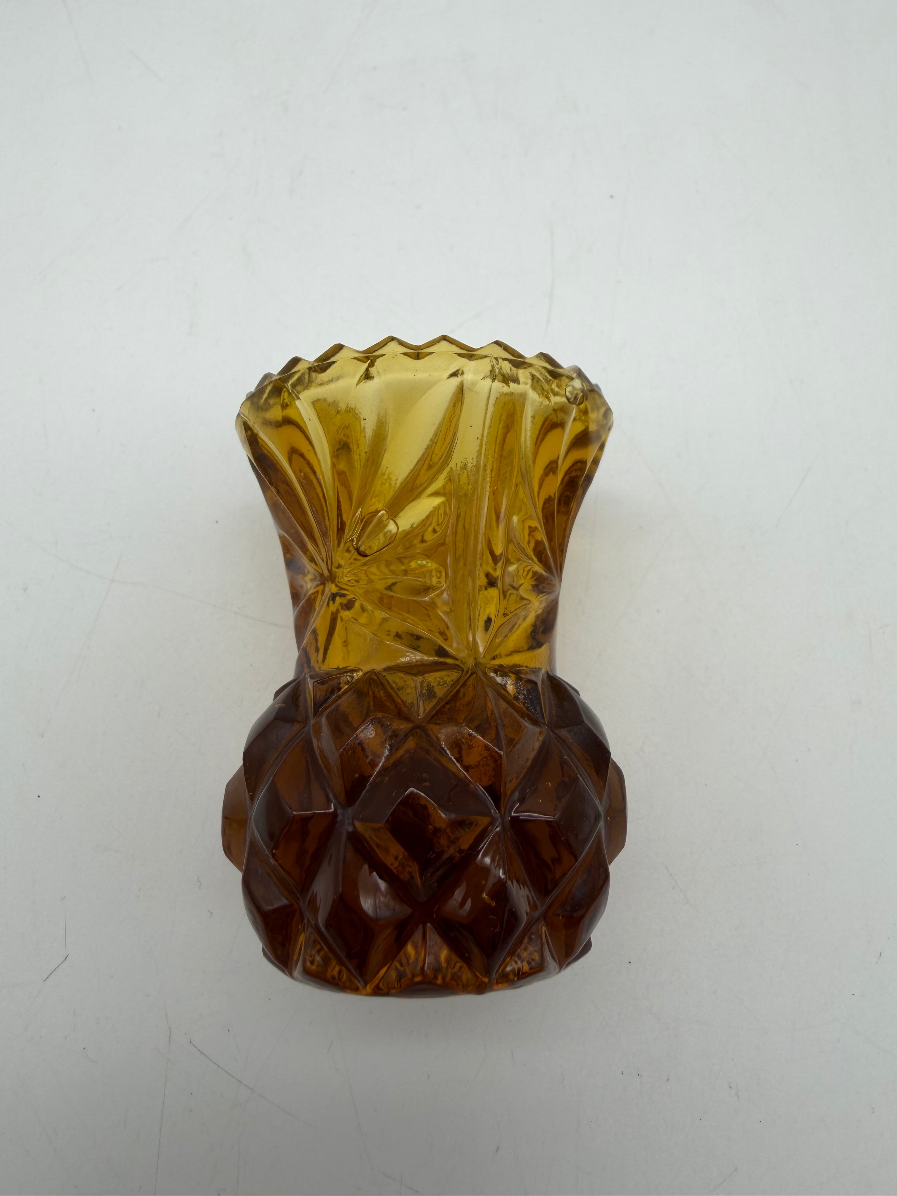 2.5” Vintage Amber Glass Toothpick Holder Match Bud Vase Pineapple Scalloped Rim 2.5"