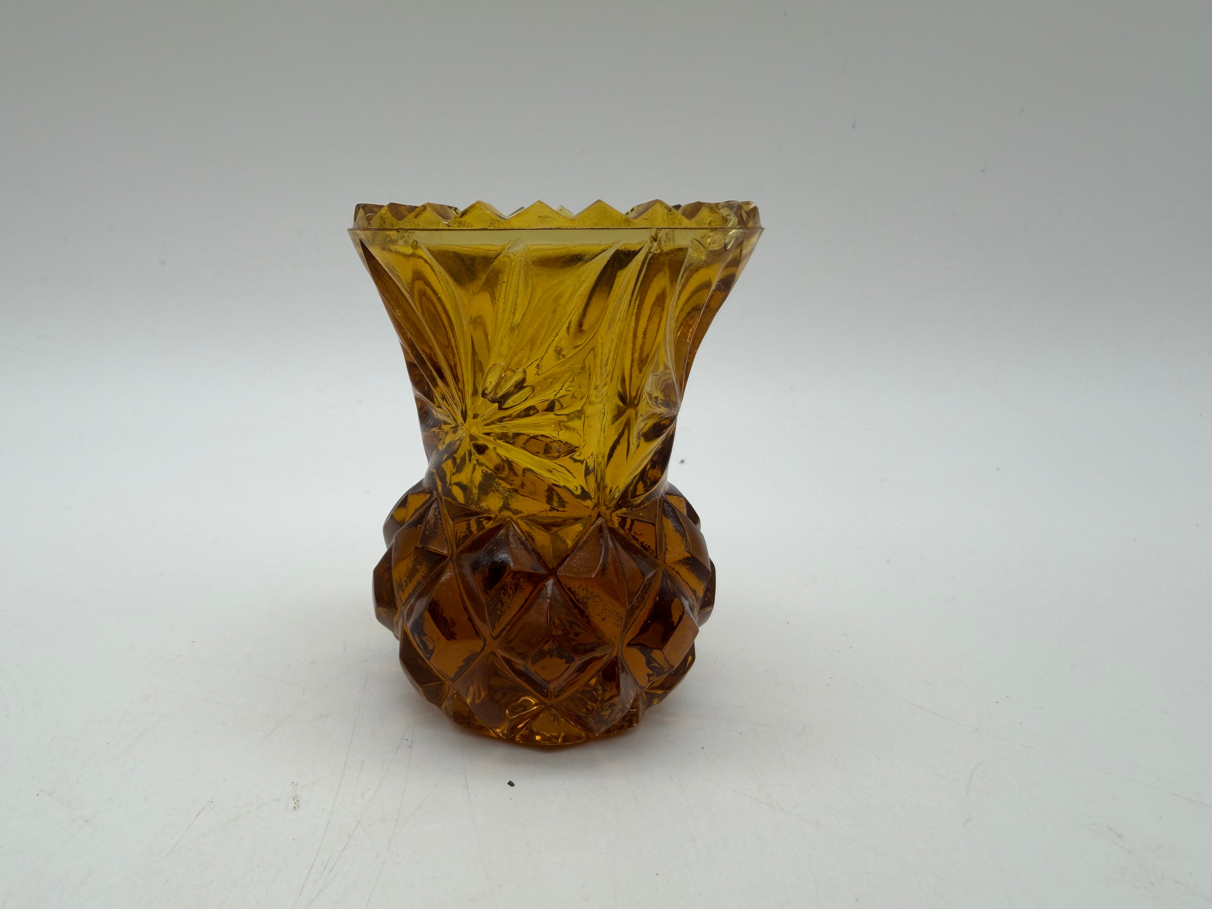 2.5” Vintage Amber Glass Toothpick Holder Match Bud Vase Pineapple Scalloped Rim 2.5"
