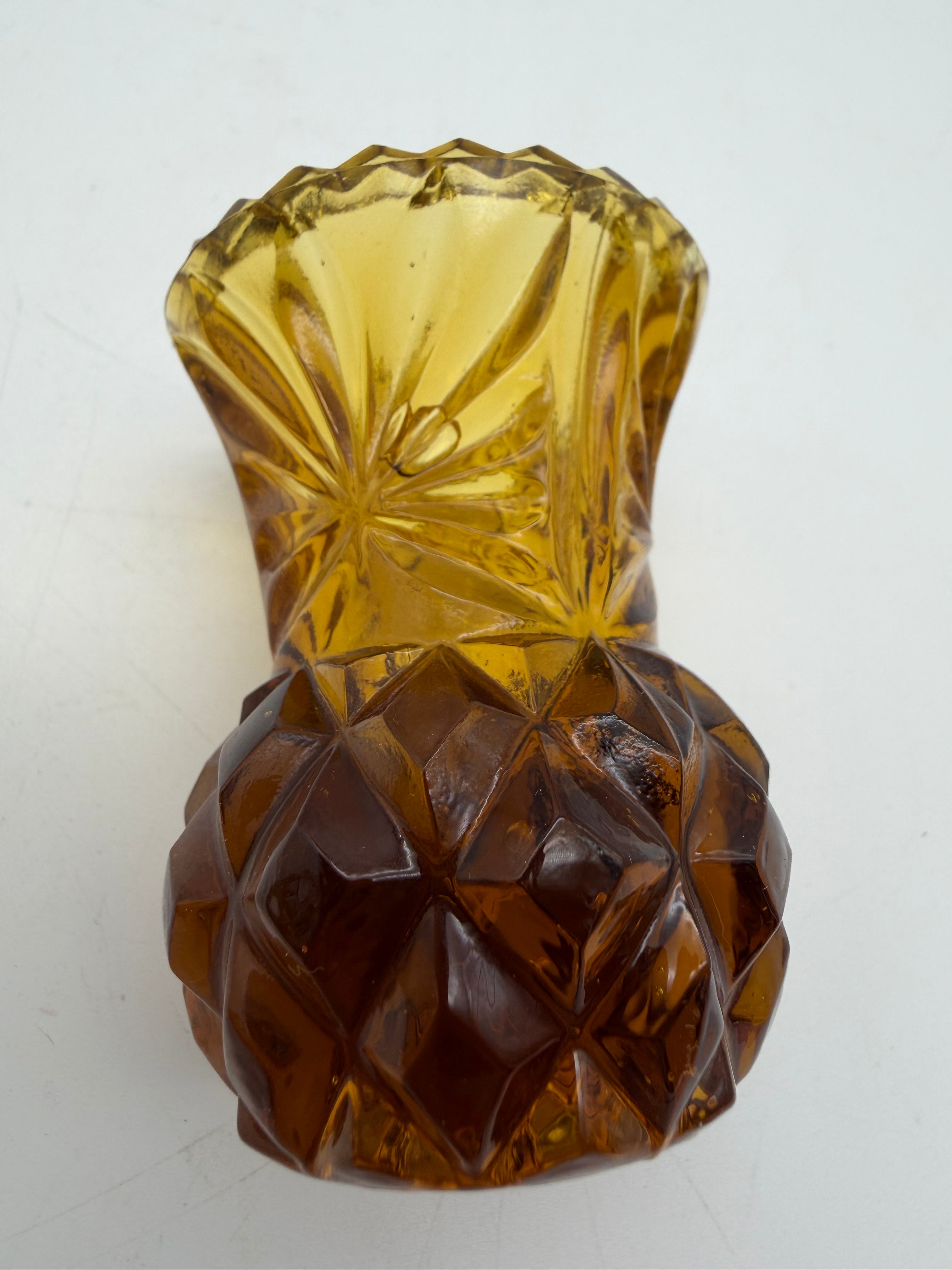 2.5” Vintage Amber Glass Toothpick Holder Match Bud Vase Pineapple Scalloped Rim 2.5"