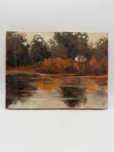 9x12” painting Lakehouse raw canvas brown orange unsigned