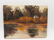 9x12” painting Lakehouse raw canvas brown orange unsigned