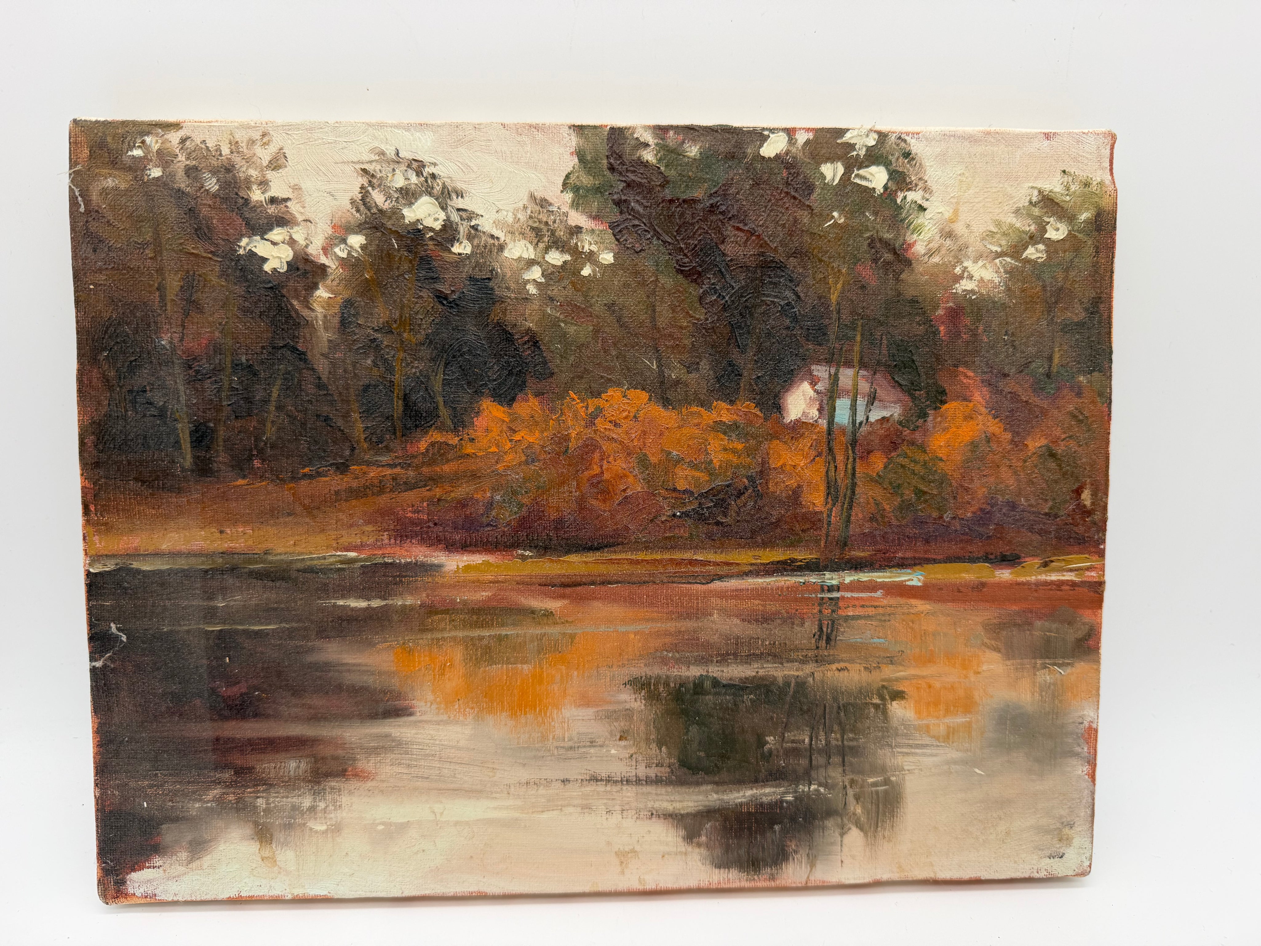 9x12” painting Lakehouse raw canvas brown orange unsigned