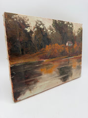 9x12” painting Lakehouse raw canvas brown orange unsigned