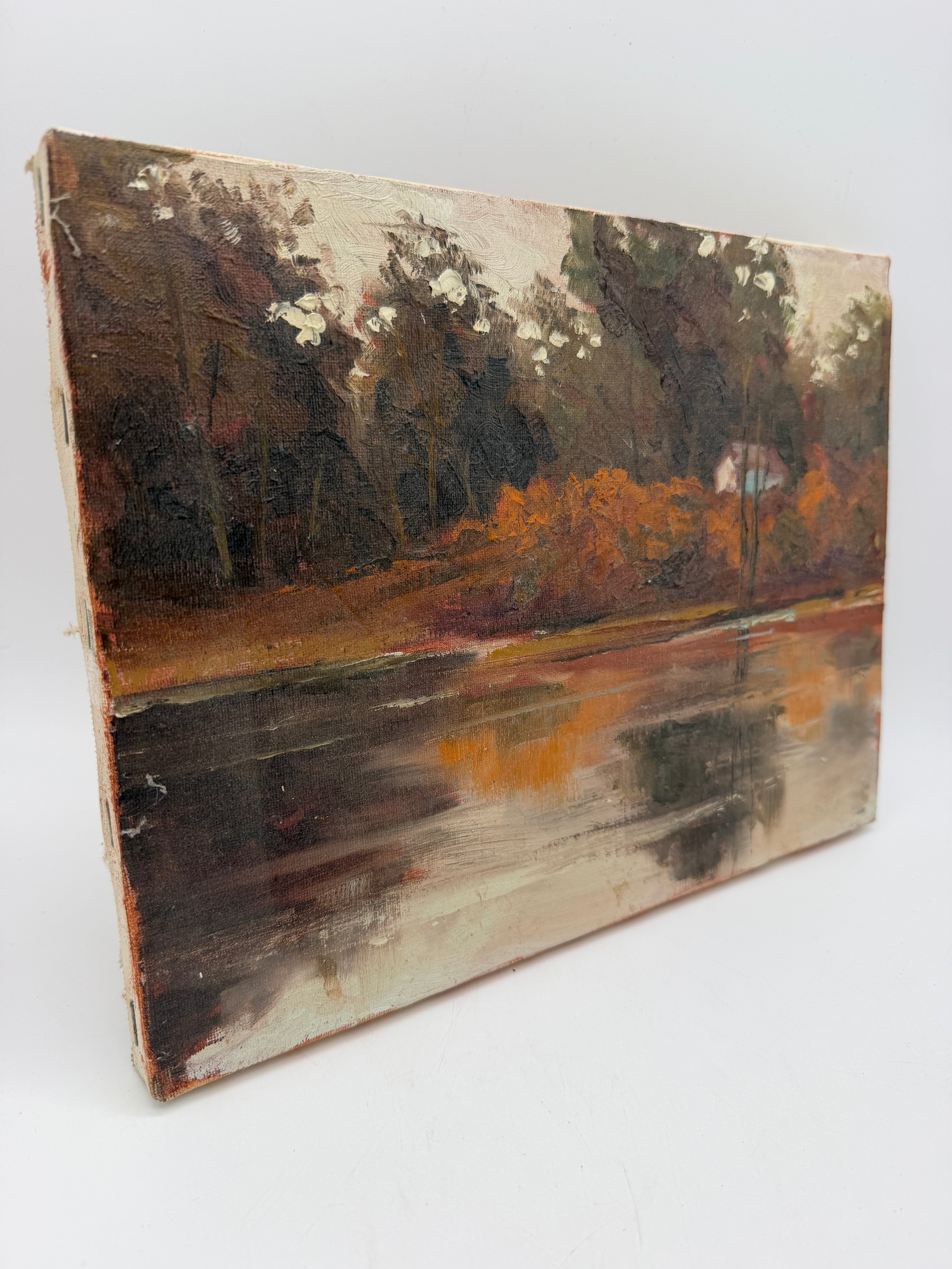 9x12” painting Lakehouse raw canvas brown orange unsigned