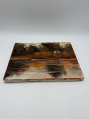 9x12” painting Lakehouse raw canvas brown orange unsigned