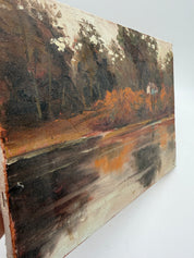 9x12” painting Lakehouse raw canvas brown orange unsigned