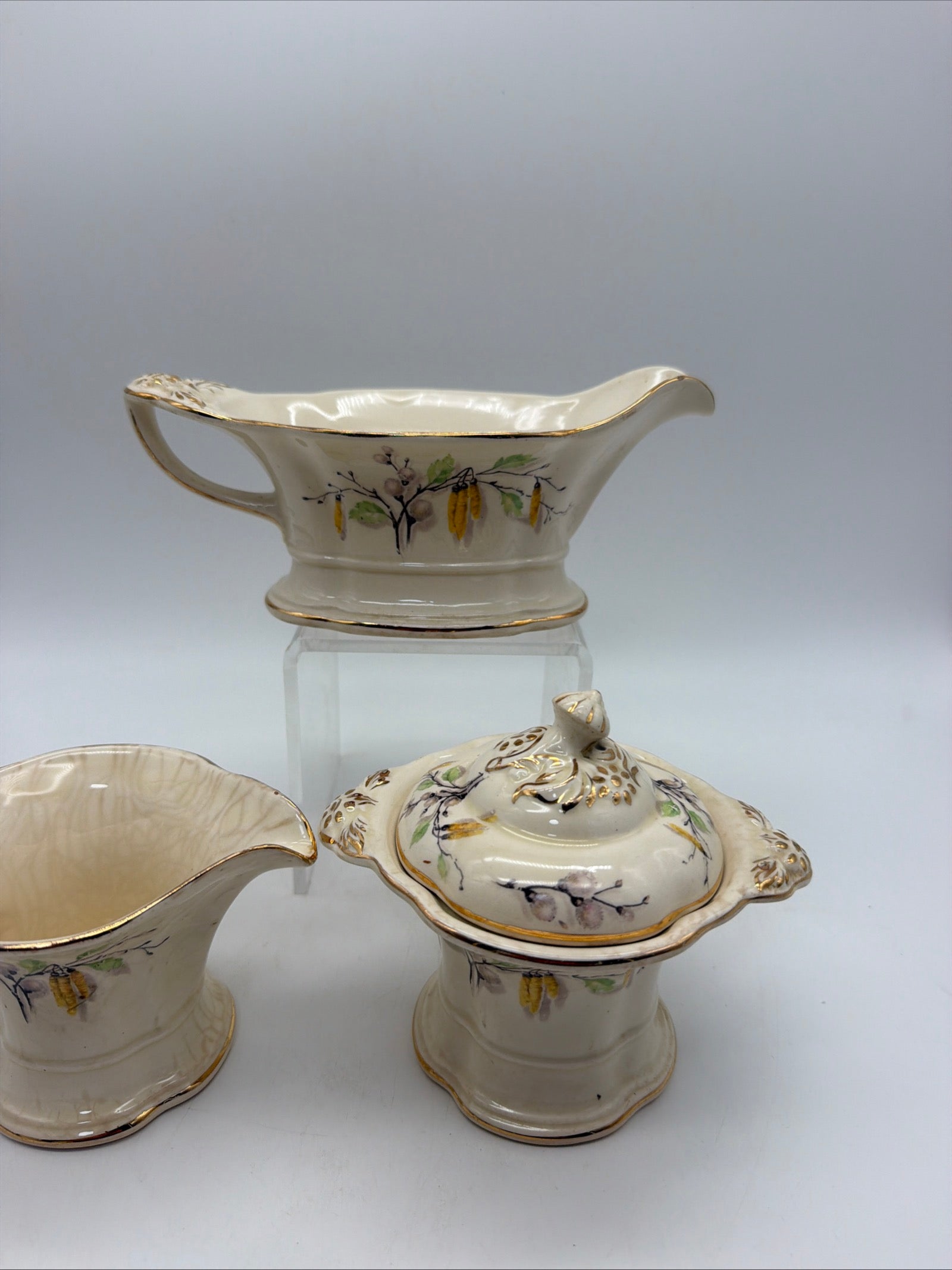 8” Edwin Knowles gravy, creamer and sugar Sylvan pattern Fall harvest