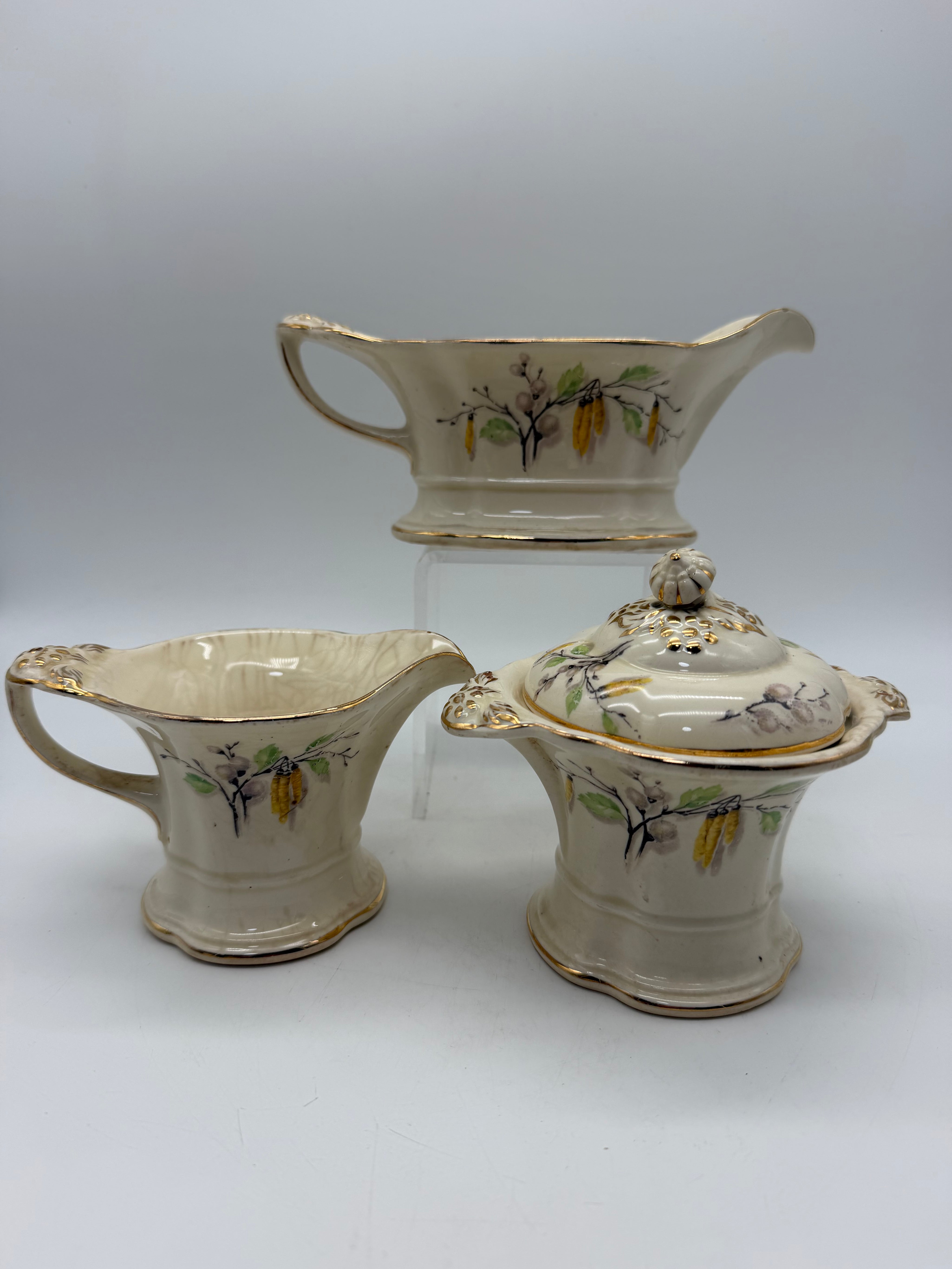 8” Edwin Knowles gravy, creamer and sugar Sylvan pattern Fall harvest