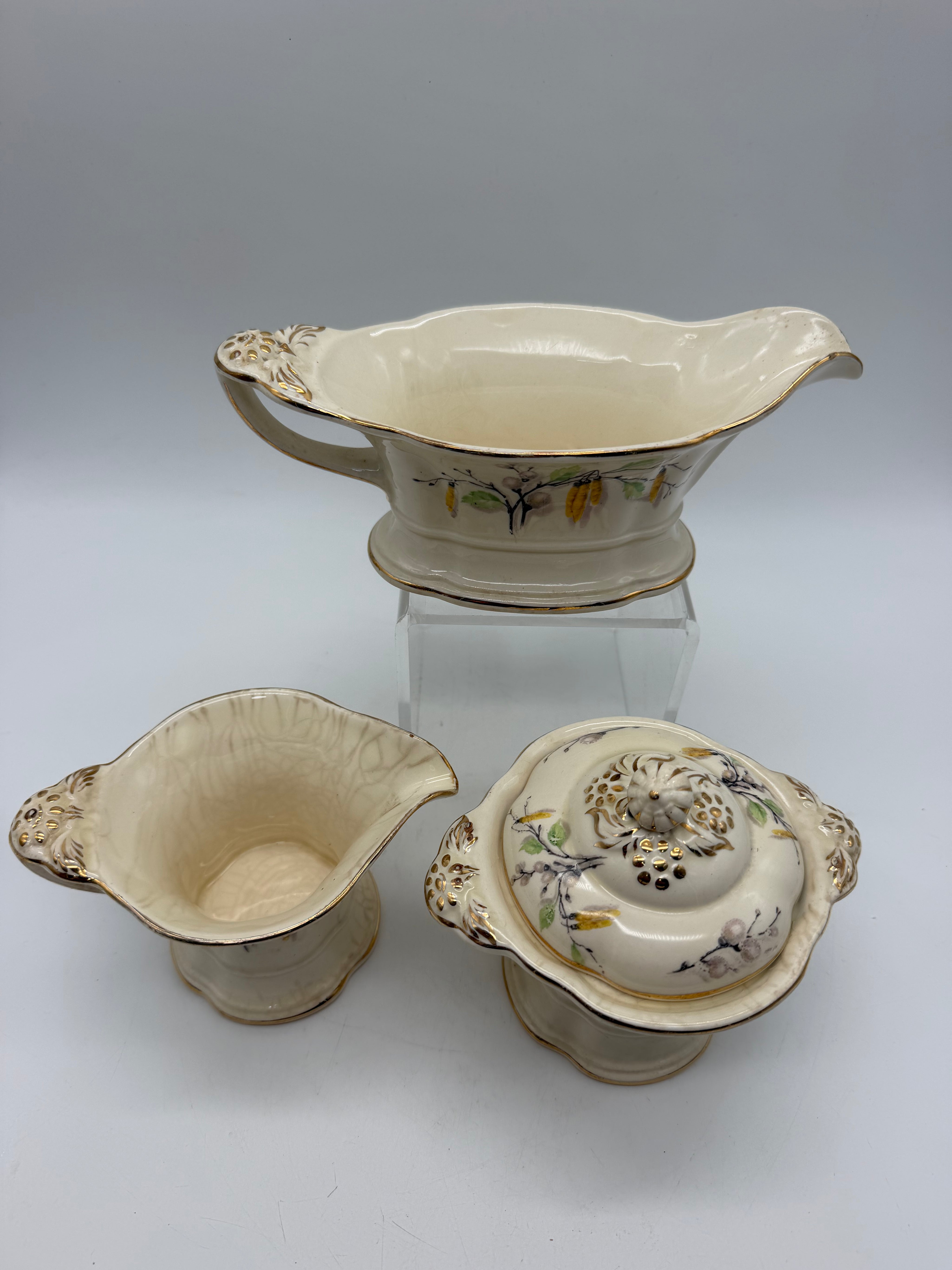 8” Edwin Knowles gravy, creamer and sugar Sylvan pattern Fall harvest