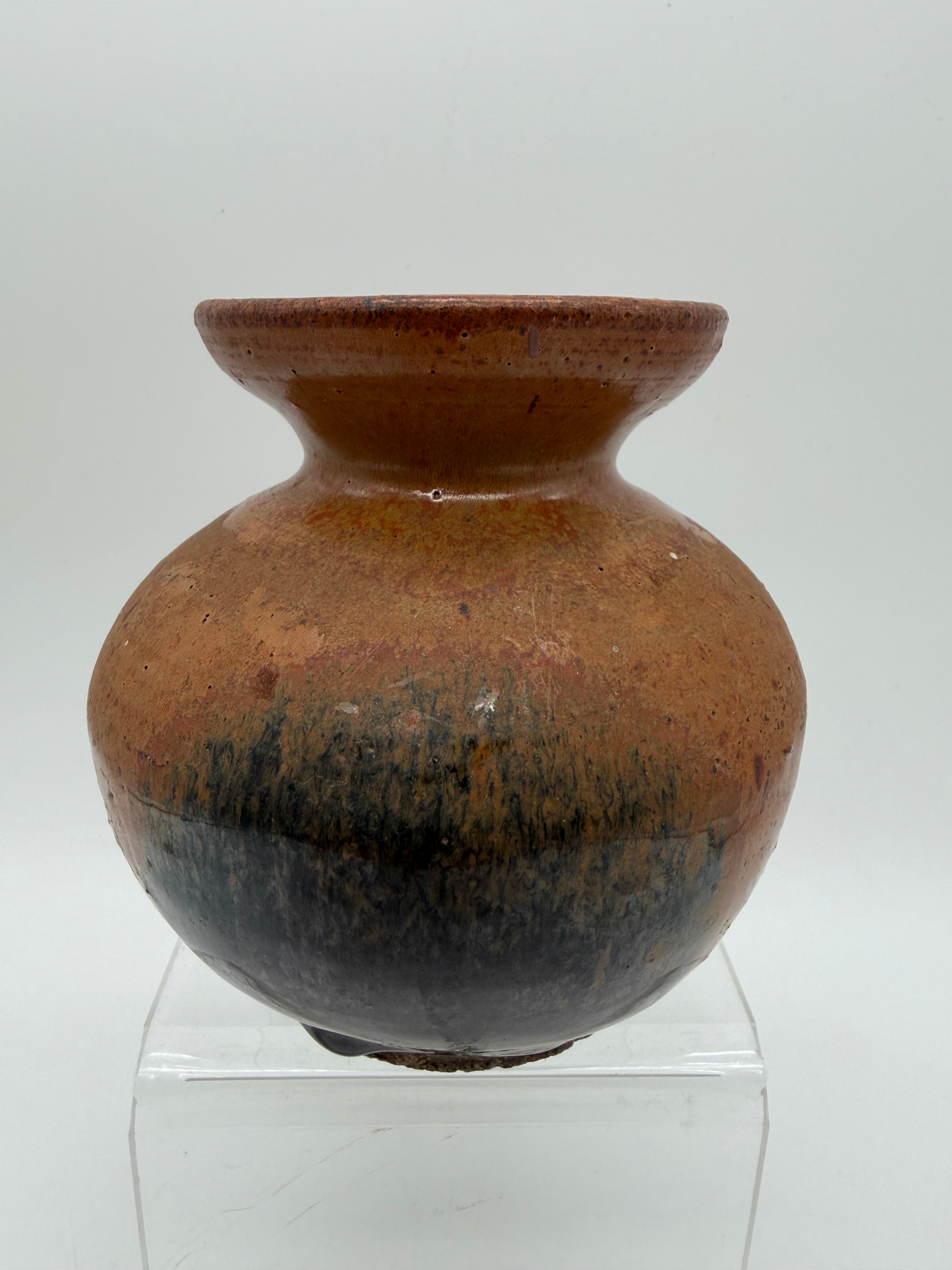 5” bulbous orange and black studio pottery vase