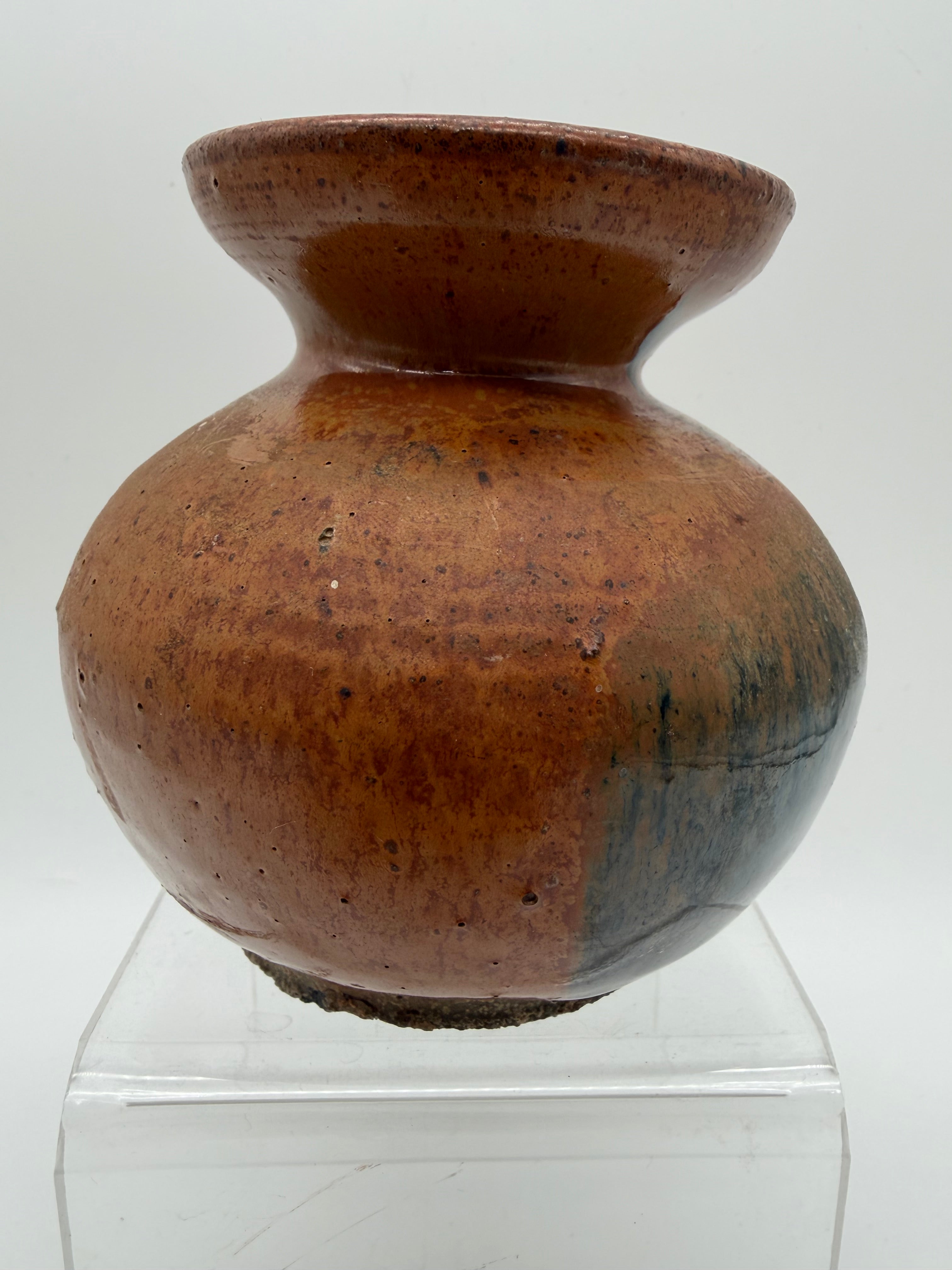 5” bulbous orange and black studio pottery vase