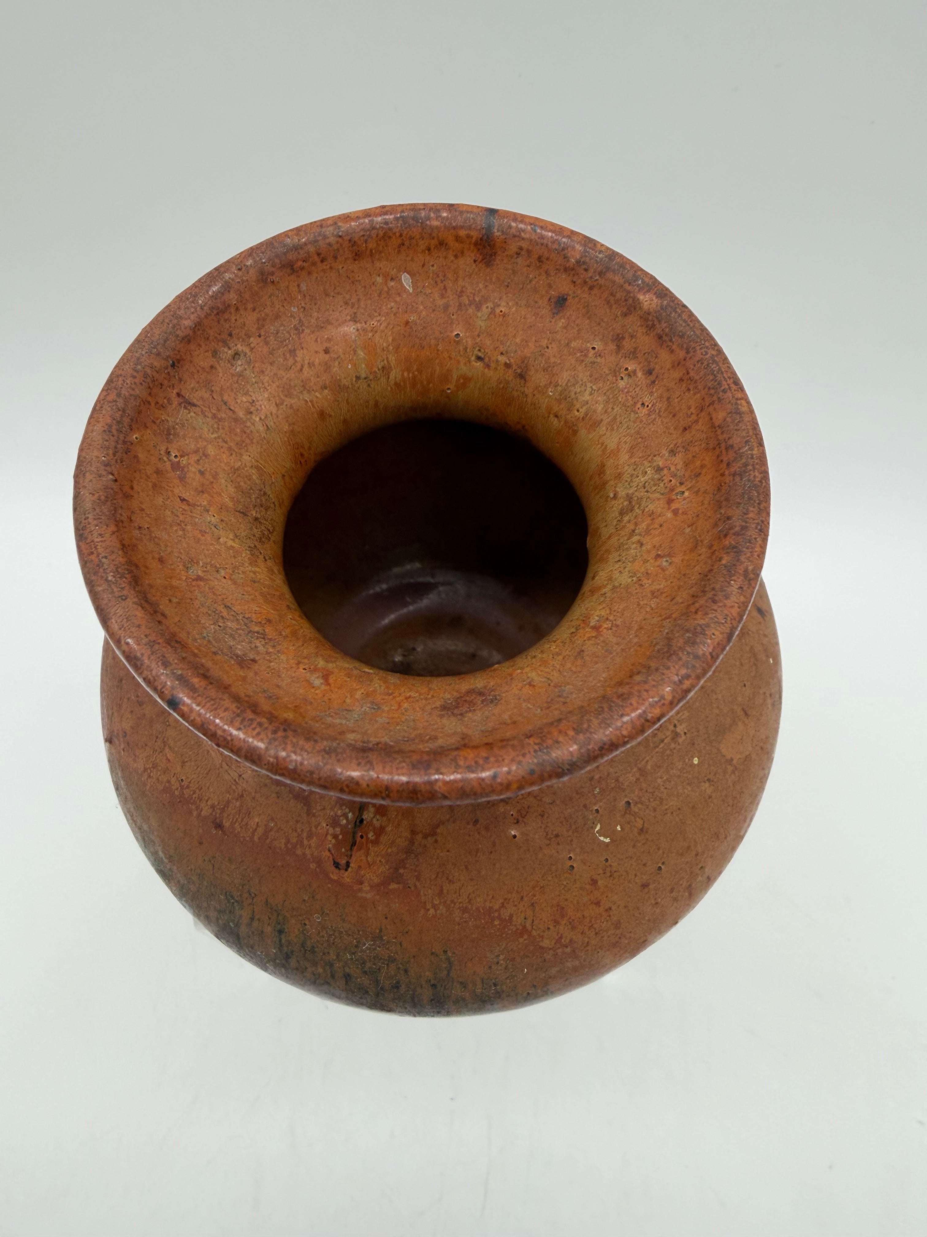 5” bulbous orange and black studio pottery vase