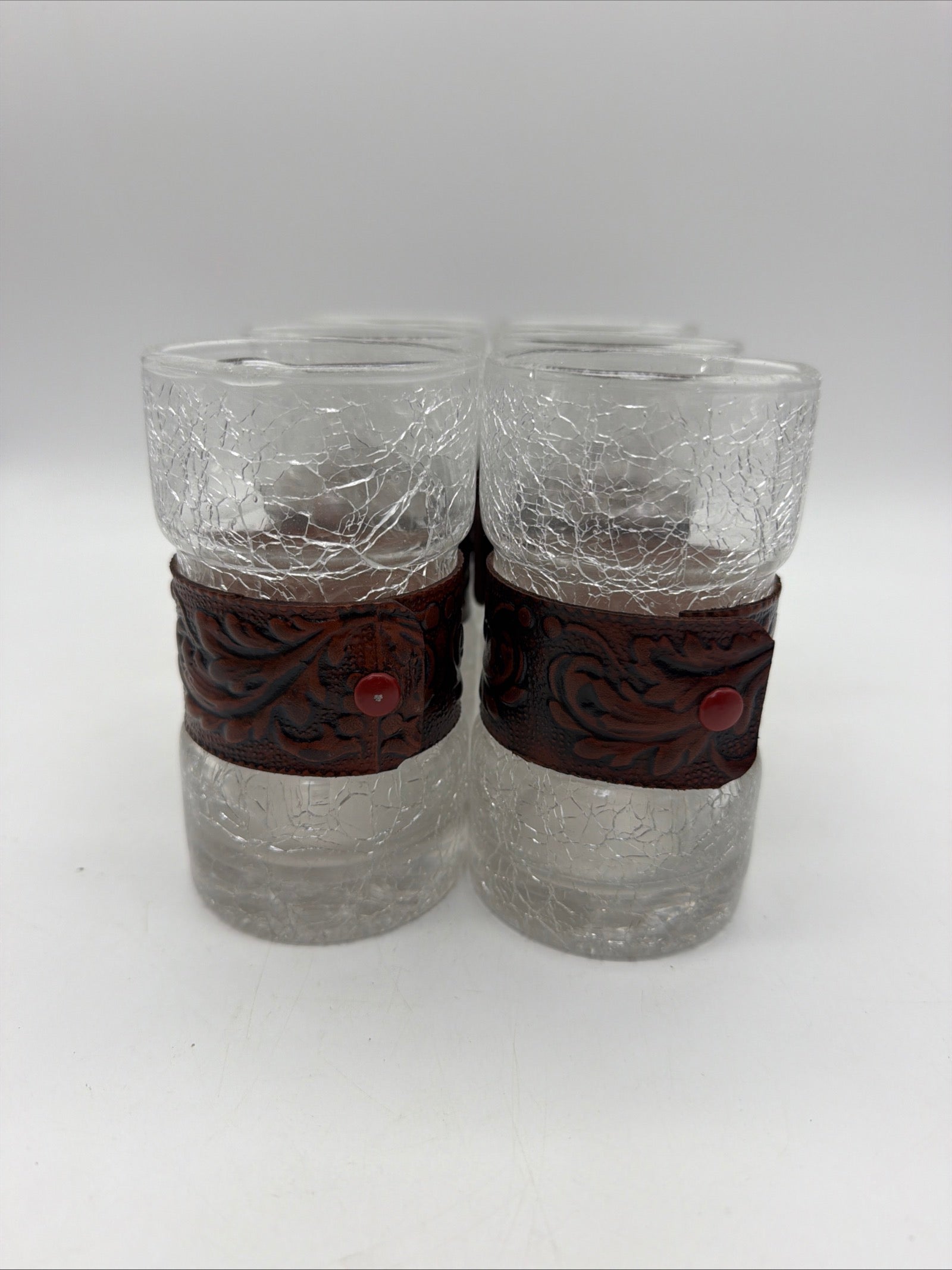 5” Crackled Glass tooled leather drinking glasses set 6 highball 1970’s