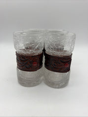 5” Crackled Glass tooled leather drinking glasses set 6 highball 1970’s