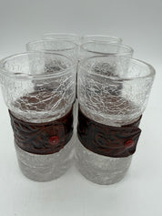 5” Crackled Glass tooled leather drinking glasses set 6 highball 1970’s