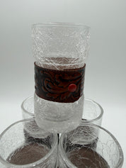 5” Crackled Glass tooled leather drinking glasses set 6 highball 1970’s
