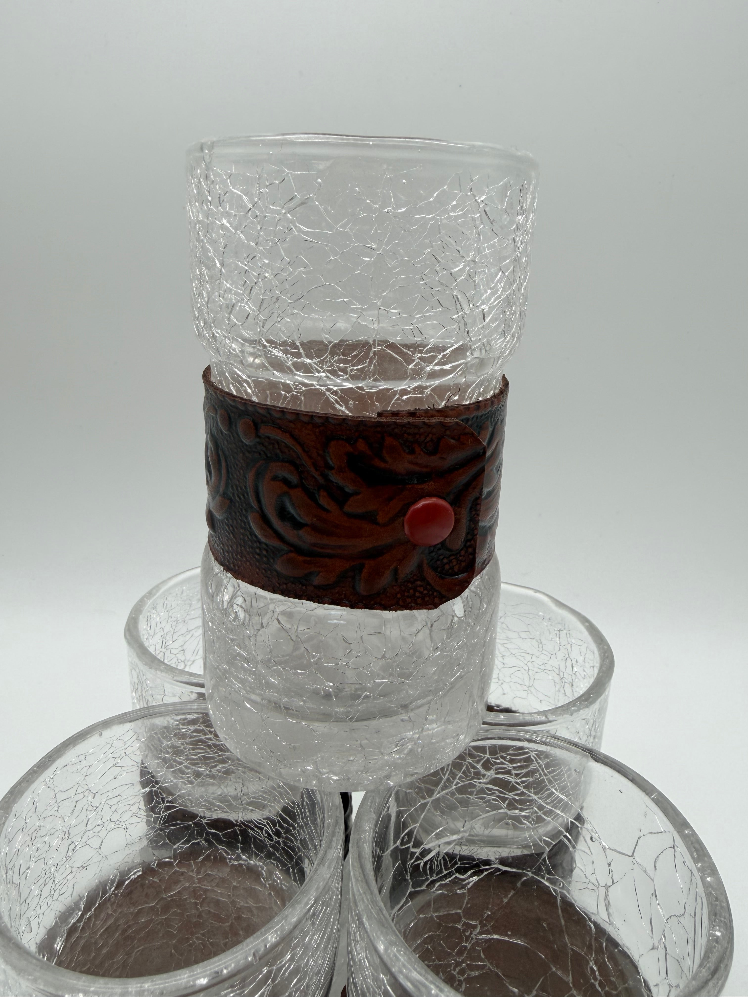 5” Crackled Glass tooled leather drinking glasses set 6 highball 1970’s