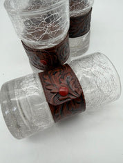 5” Crackled Glass tooled leather drinking glasses set 6 highball 1970’s