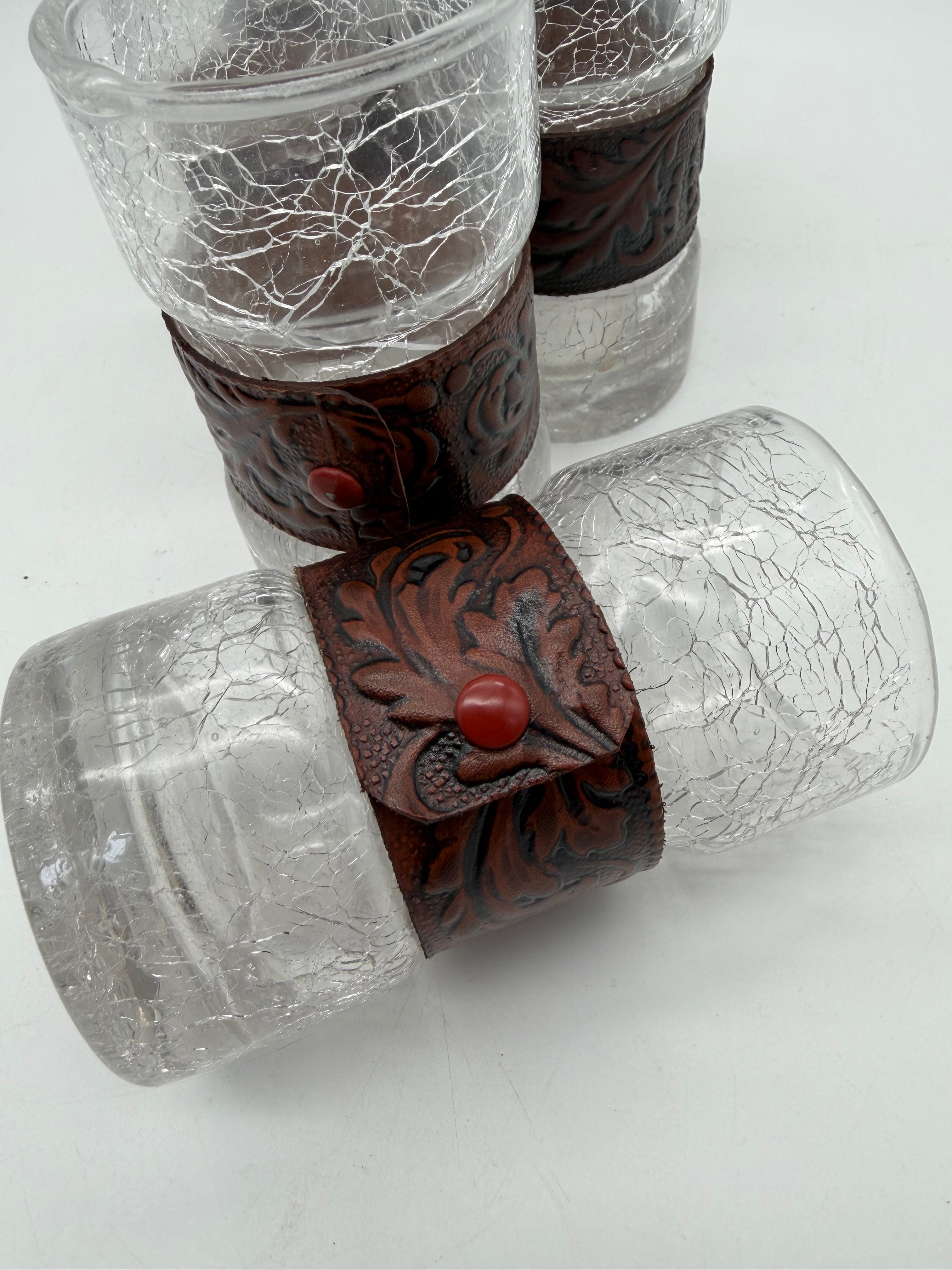 5” Crackled Glass tooled leather drinking glasses set 6 highball 1970’s