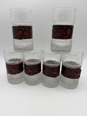 5” Crackled Glass tooled leather drinking glasses set 6 highball 1970’s