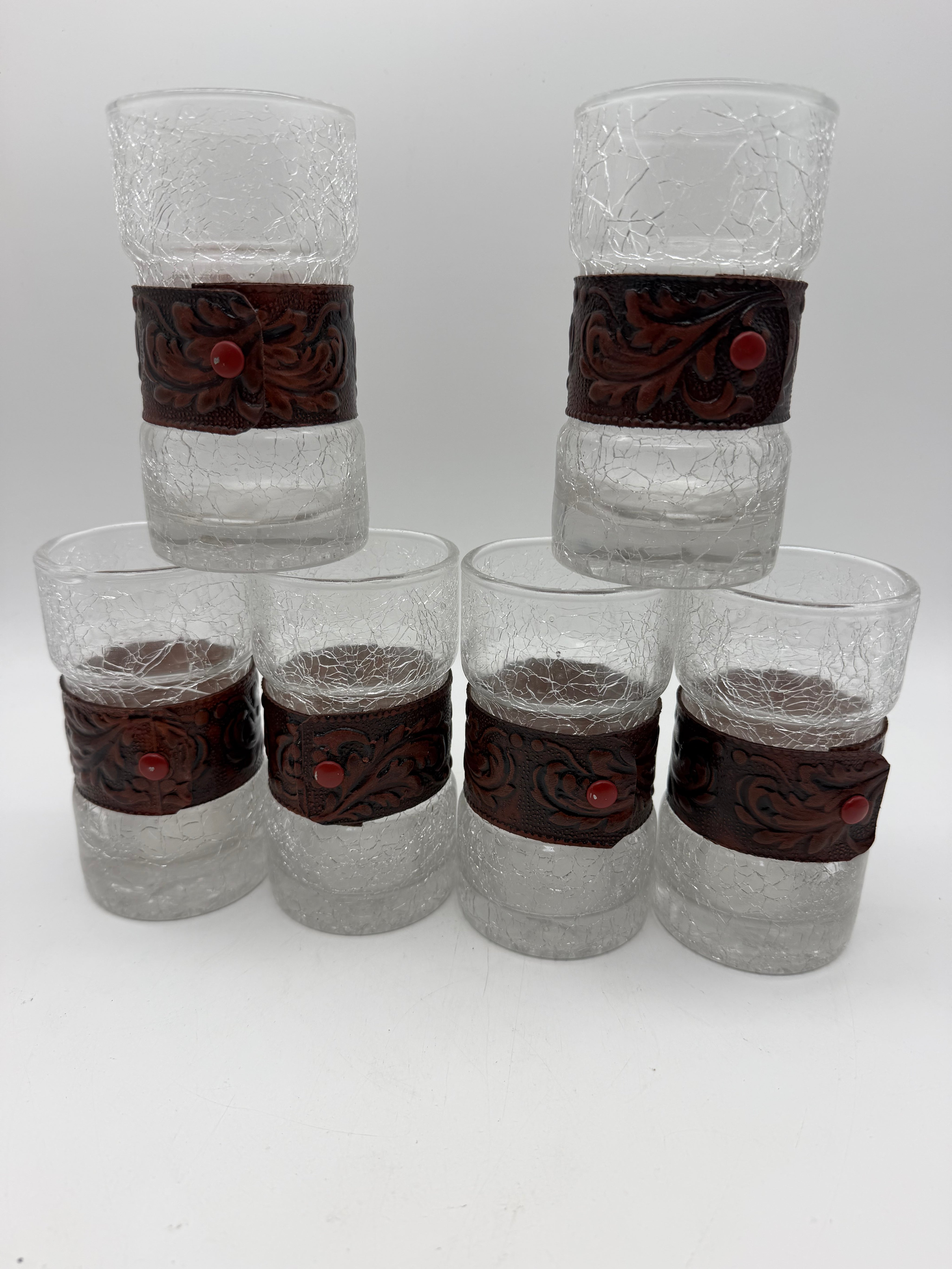 5” Crackled Glass tooled leather drinking glasses set 6 highball 1970’s