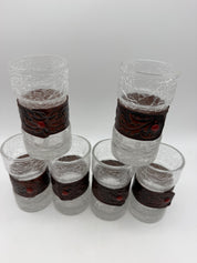 5” Crackled Glass tooled leather drinking glasses set 6 highball 1970’s