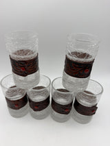 5” Crackled Glass tooled leather drinking glasses set 6 highball 1970’s