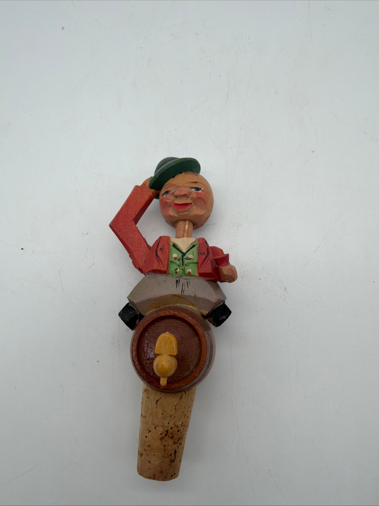6” Anri bottle stoppers push puppet mechanical wood & cork.