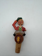 6” Anri bottle stoppers push puppet mechanical wood & cork.