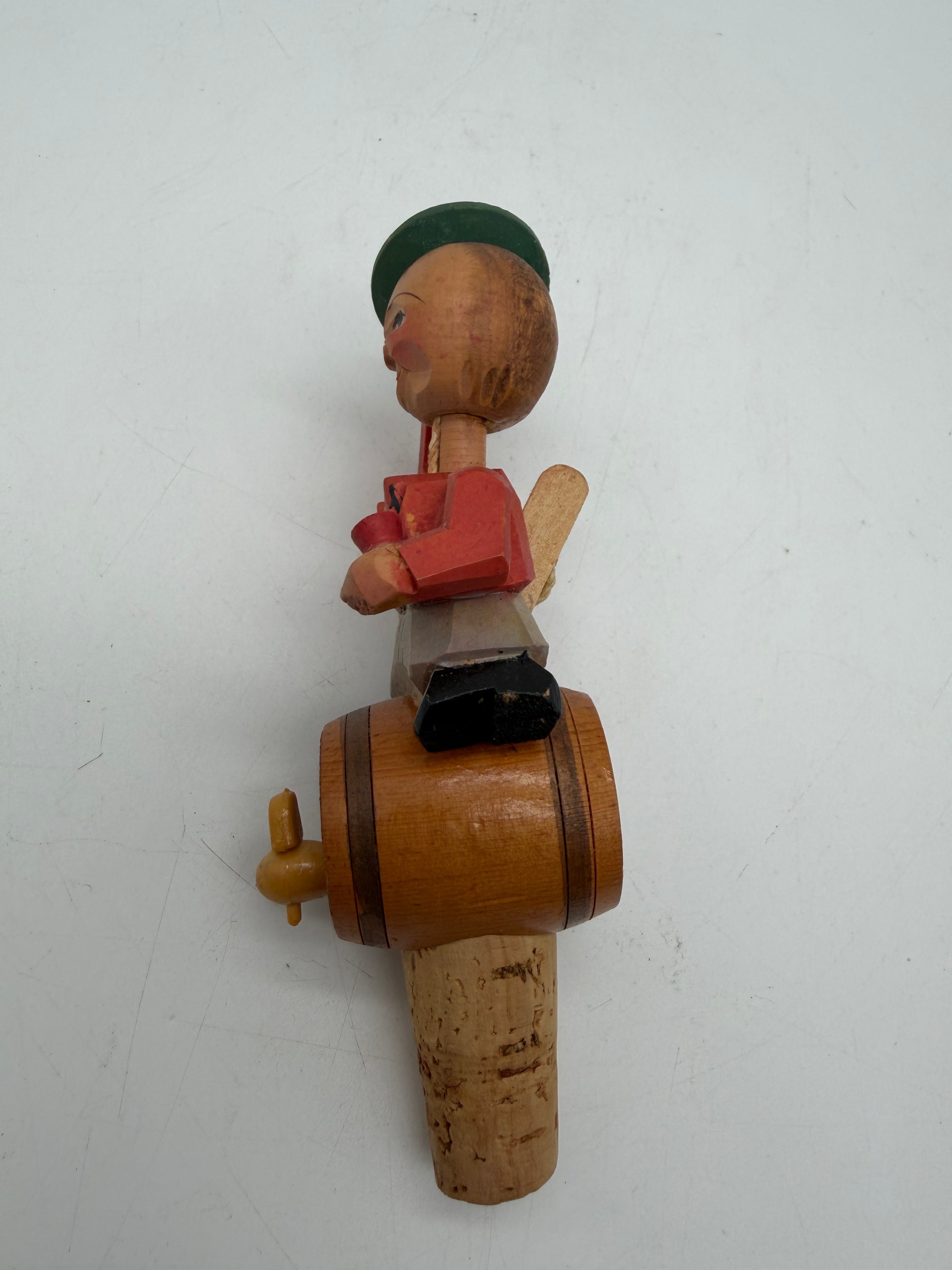 6” Anri bottle stoppers push puppet mechanical wood & cork.