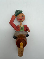 6” Anri bottle stoppers push puppet mechanical wood & cork.