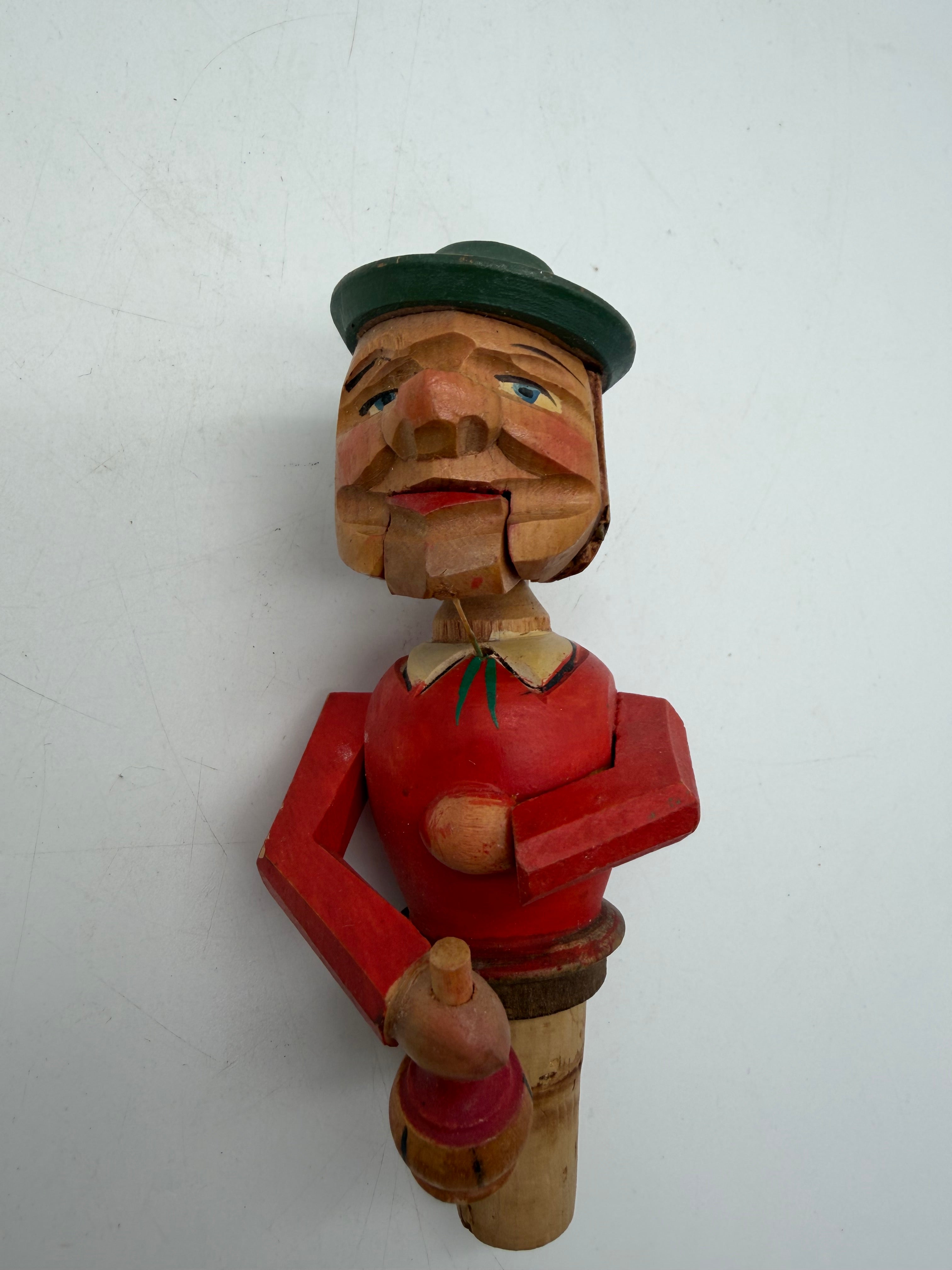 6” Anri Bottle stopper push puppet mechanical wood & cork